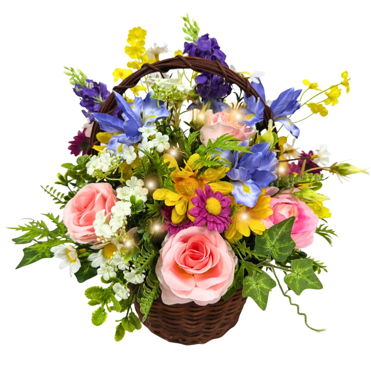 Lnymura Pre-lit Spring Summer Rose Flower Basket with Timer 13 Inch Rustic Floral Arrangement Table Centerpiece with Wildflower, Roses, Daisies and 10 Warm White LEDs for Home Kitchen Decor