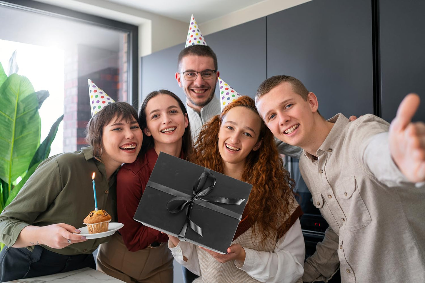 ysmile Black Gift Box with Lid for Present Extra Large Collapsible Gift Box with Filler Paper Ribbon for Birthday Anniversary 16.5x12.5x5.9
