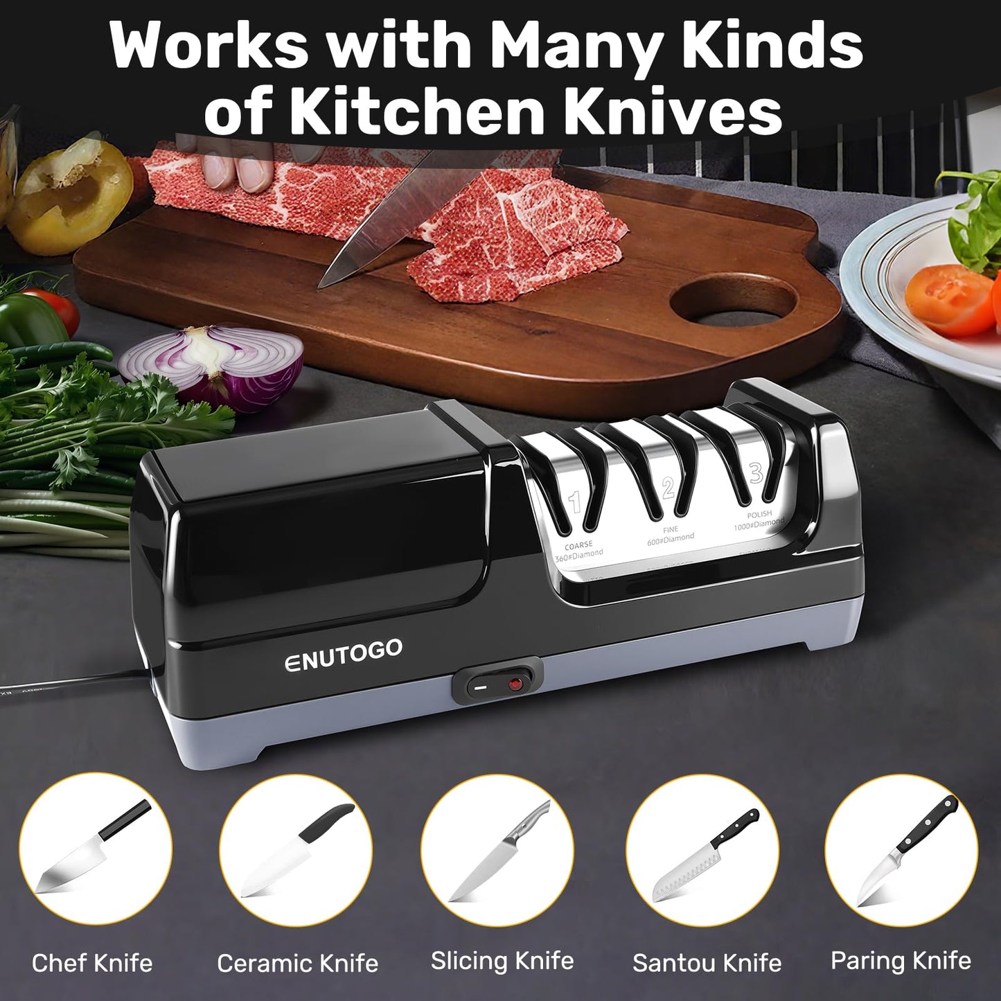 Enutogo Knife Sharpener, 3-Stage Electric Knife Sharpener for Kitchen Knives, 100% Diamond Abrasive with Quick Sharpening & Polishing, Professional Sharpening Tool with Metal Dust Collection Box