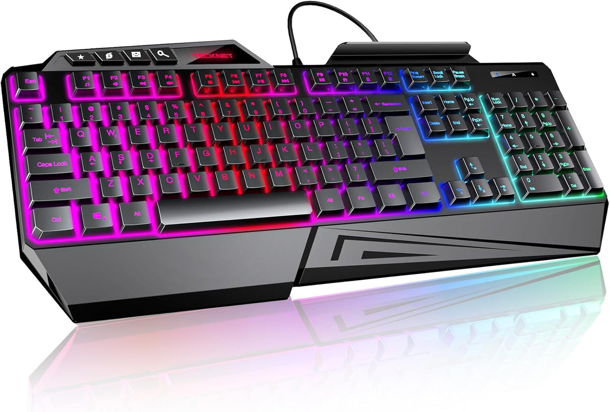 TECKNET Wired RGB Gaming Keyboard - 26-Key Anti-Ghosting, 13 Lighting Modes, Spill-Resistant, 108 Membrane Keys, Plug & Play - with Ergonomic Wrist Rest & Phone Holder for Windows/Mac (Black)