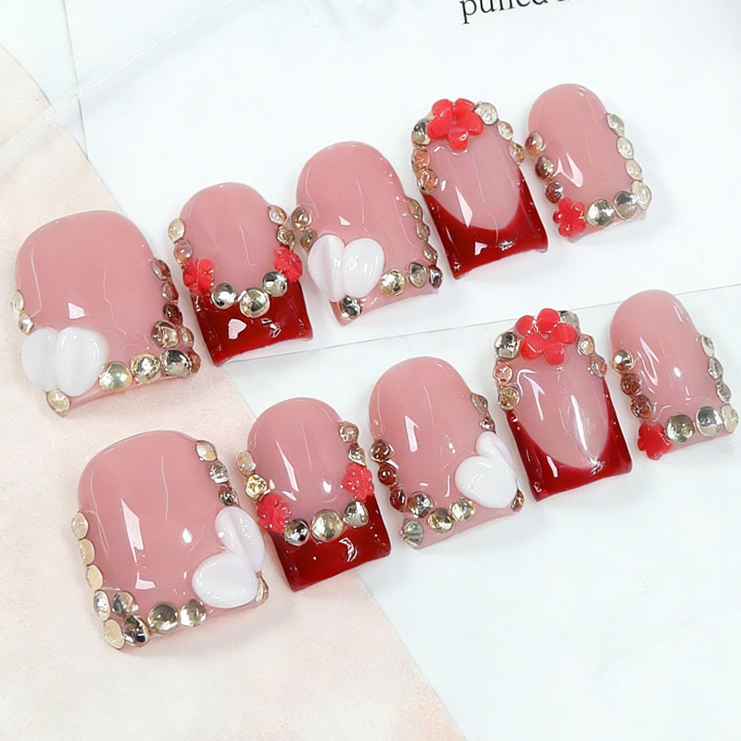 10 Pcs Handmade Press on Nails Short Square Fake Nails with 3D Rhinestones Flower Design Burgundy French Tip False Nails Pink Acrylic M Size Press Ons Nails Square for Women
