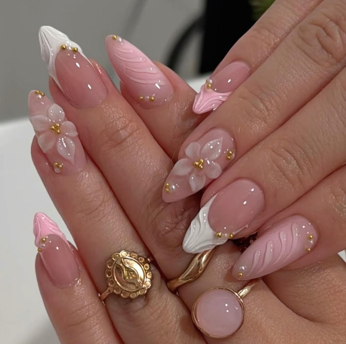Handmade Press on Nails Almond Shape 3D Cute Glue on Nails for Women, Luxury Homemade Press on Nail Art Design, Fake Nails with 3D Nail Charms Size M 3