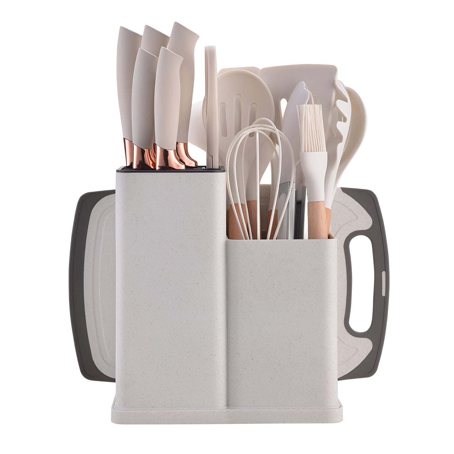 Kitchen Utensils Set & Knife Set with Block, 19 Piece All-in-One Cooking Set, 12 Nonstick Silicone Utensils + 5 Sharp Stainless Steel Chef Knives + Cutting Board, Dishwasher Safe Gift Set (White)