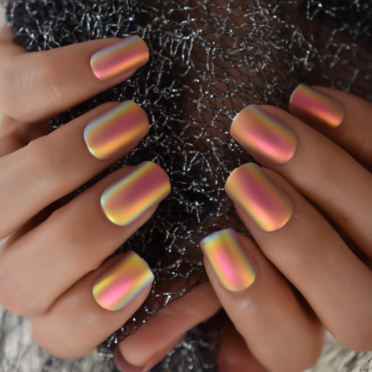 Coolnail Chrome Pink Gold Short Fake Nails Rainbow Squoval Square Gel False Press on Nails for Girl Full Cover Wear Finger Nail Art Tips