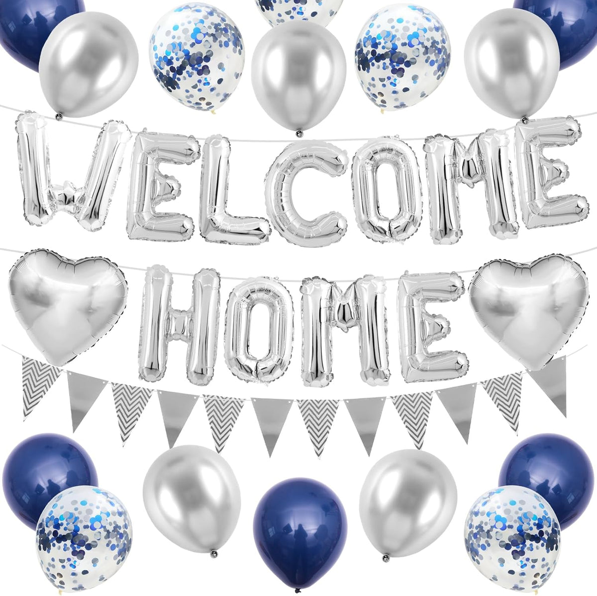 Welcome Home Decorations Navy Blue Silver,Welcome Home Foil Balloon Banner with Confetti Balloons,Silver Heart Balloons Pennant Flag Bunting for Housewarming Baby Shower Home Family Party Supplies