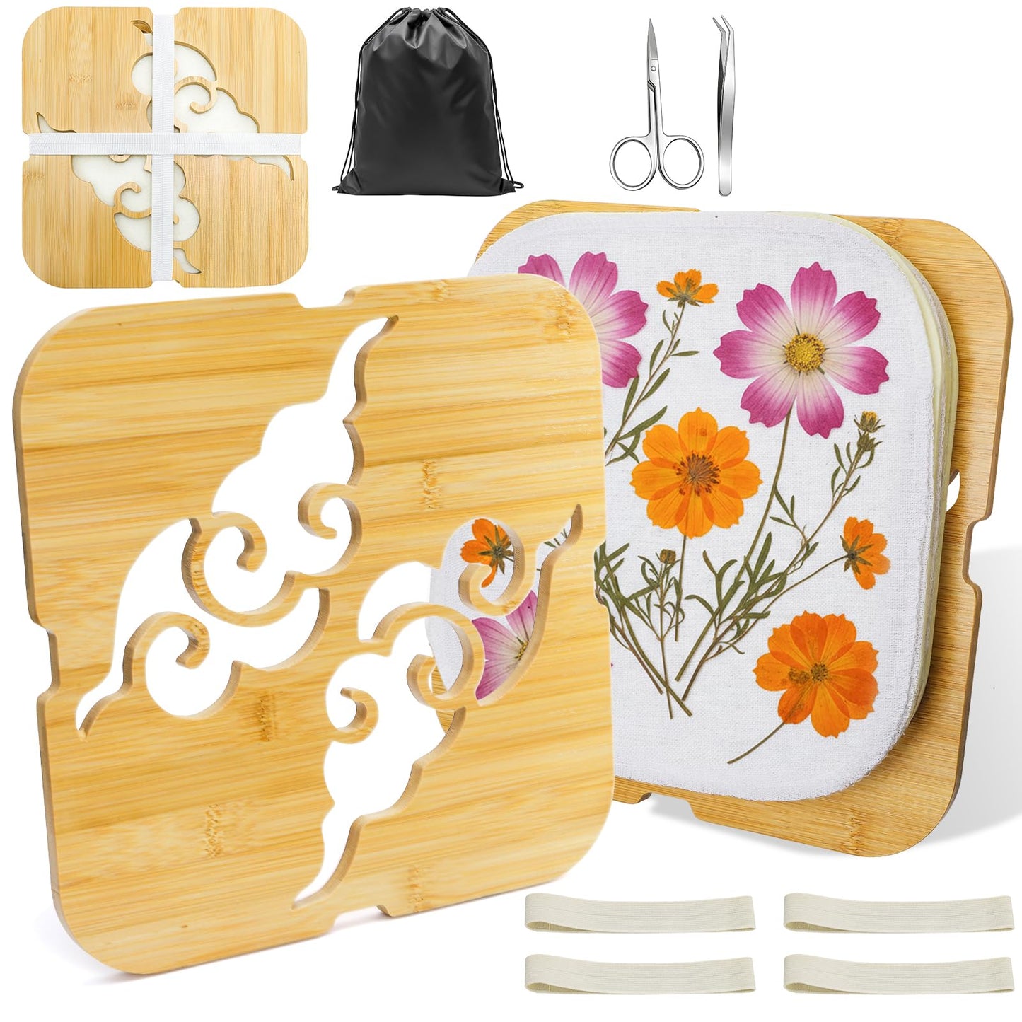 Noamus Extra Large Flower Press Kit, 11" x 11" Bamboo Floral Pressing Tool, 4 Layers Plant Preservation Kit, Dried Leaf Making DIY Set with Storage Bag for Resin Arts, Scrapbooking, Adults and Teens