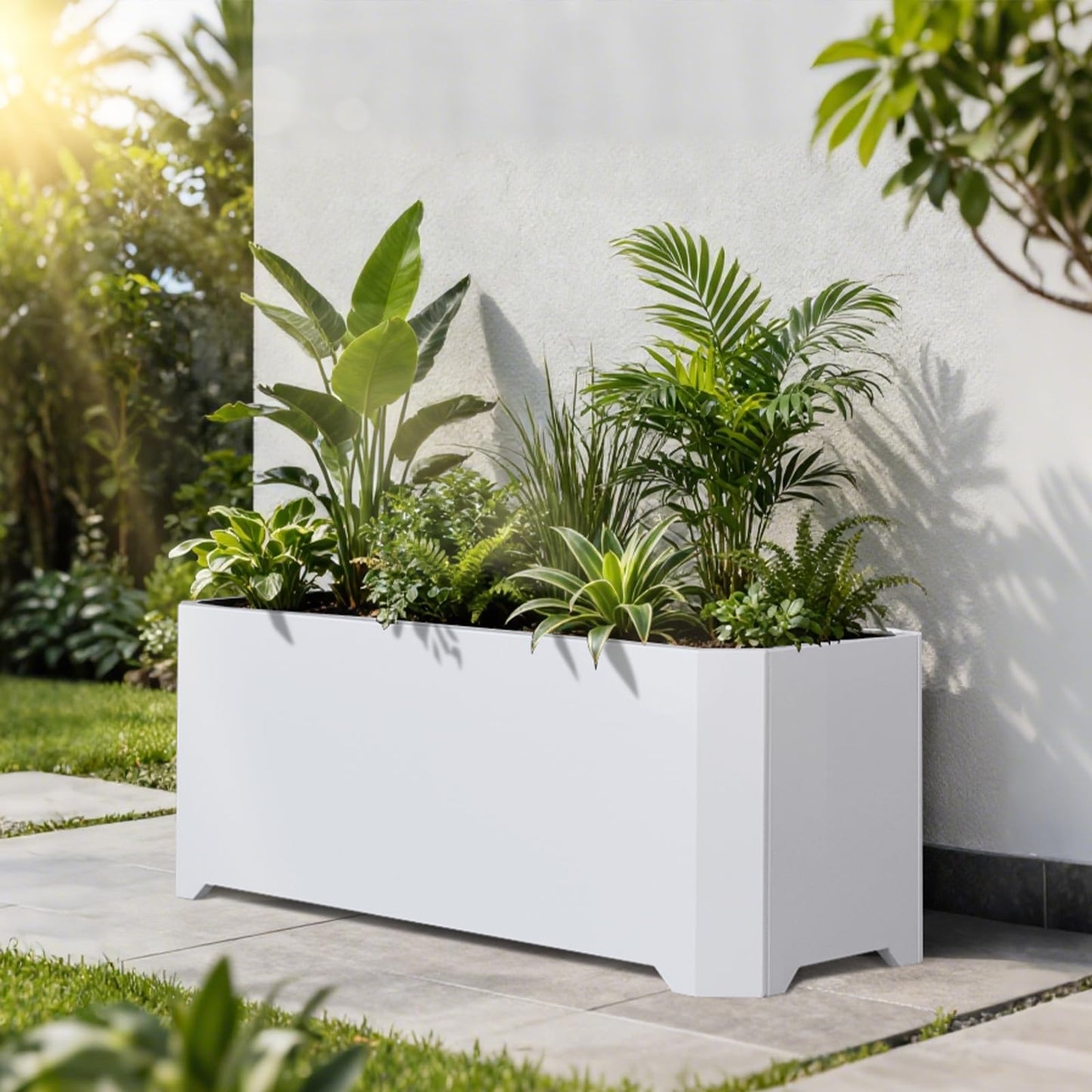 GJWCVL Steel Planter Box-36"x15"x15"-Large Rectangular Planters for Outdoor Plants, White Matel Planter Box Raised Support Feet for Patio, Deck, Garden, Yard, Drain Holes, Easy Assembly