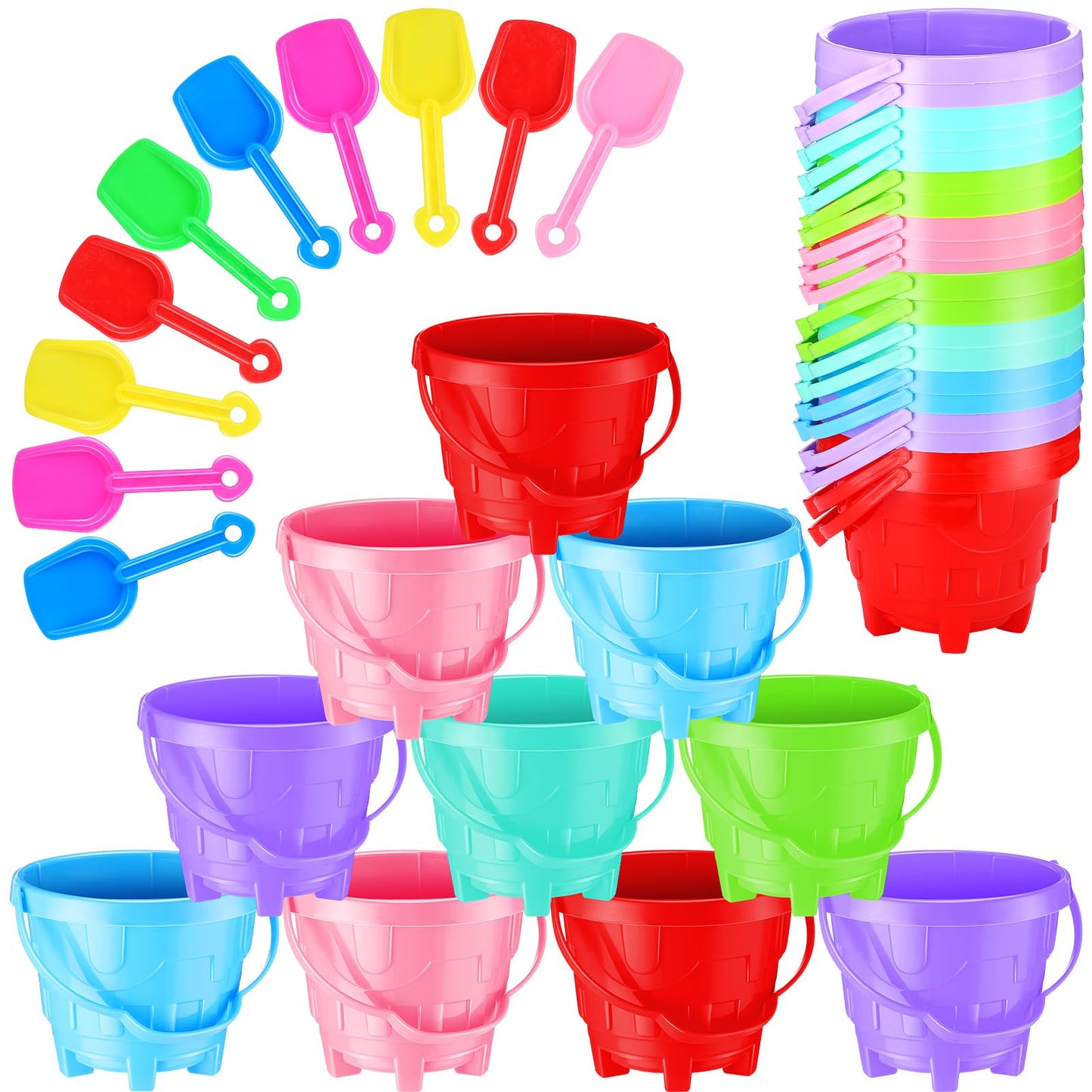 Didaey 30 Set Beach Sand Buckets and Shovels, Include Sand Pail Bucket 6 Colors with Castle Design Inside and Shovels for Boys Girls Summer Party (5.5 x 4.7 Inch)