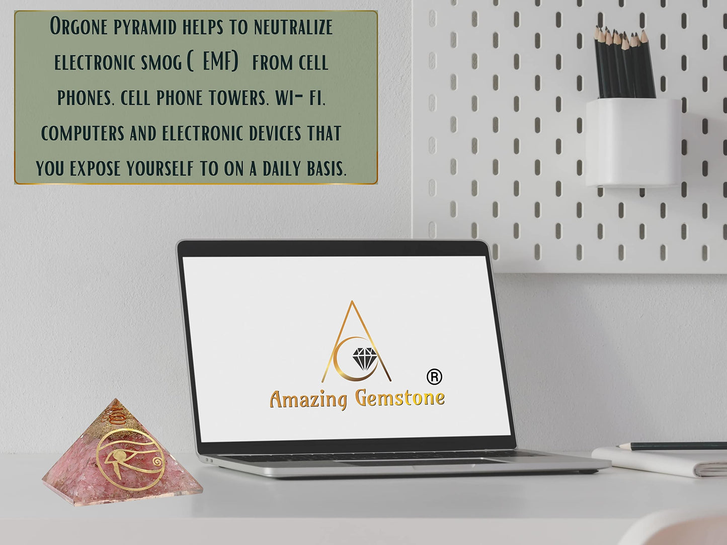 Amazing Gemstone Large Rose Quartz Orgone Pyramid Crystal, Eye of Horus Orgonite Pyramid - Positive Energy Healing