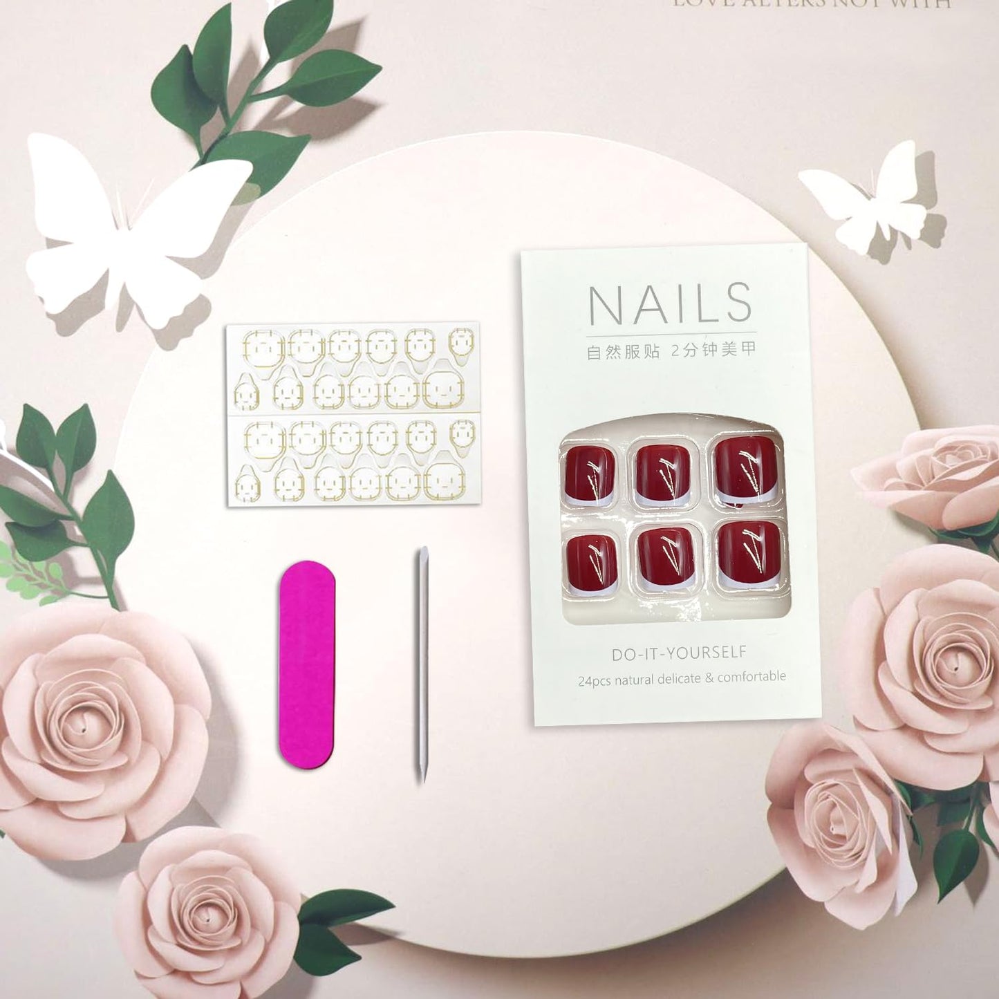 White French Tip Press on Toenails Summer False Toenails Glossy Wine Red Toe Nails Reusable Full Cover Toe Nails for Women