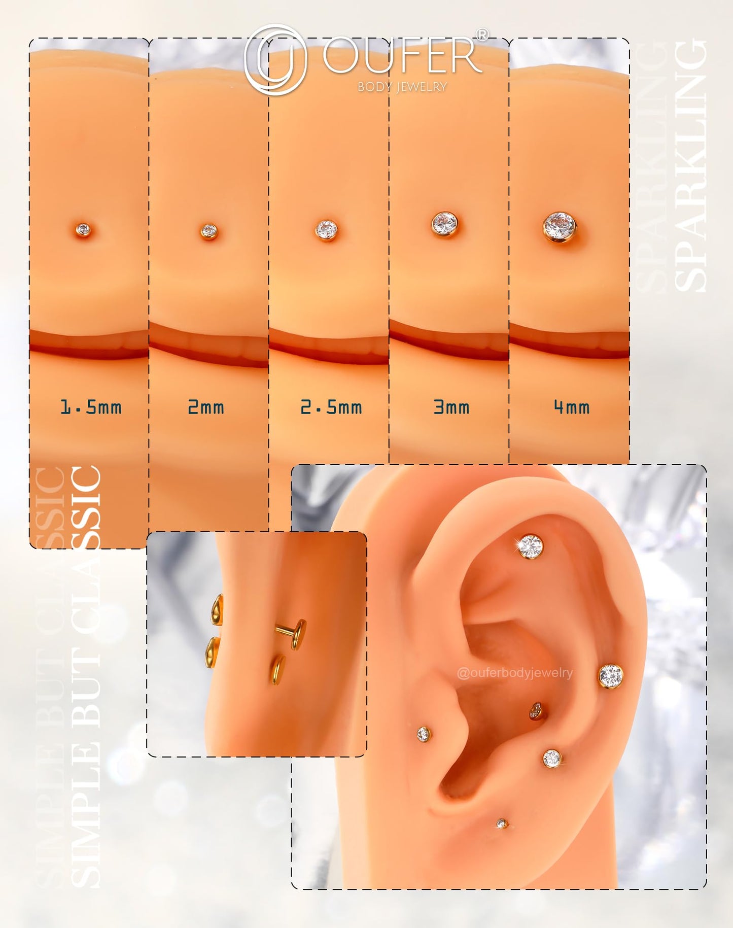 OUFER 2Pcs Nose Studs, 18G G23 Solid Titanium Threadless Nose Earrings Flat Back Tiny CZ 2MM Gold Nose Helix Cartilage Piercing Jewelry for Women Men-6MM