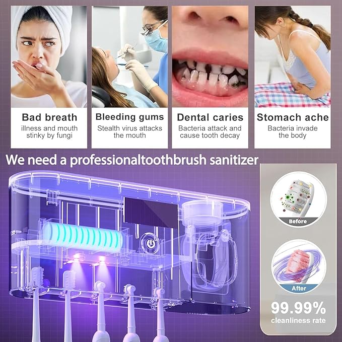 Toothbrush Holders for Bathrooms, Toothbrush Holder Wall Mounted with Toothpaste Dispenser Bathroom Solar Charging and No Drilling Required Tooth Brush Holder with 5 Brush Slots（Gray）