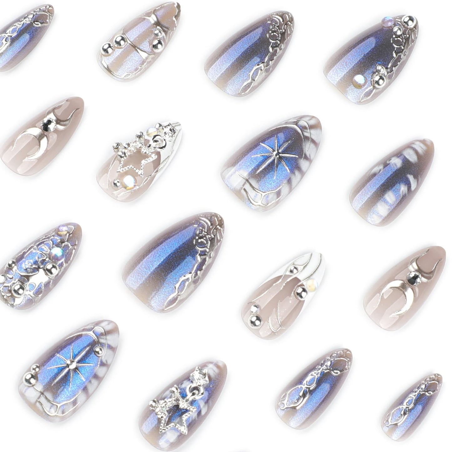 Gothic Chrome Press On Nails with Charms Medium Almond Fake Nails with French Silver 3D Star Art Tip lrregular Designs Handmade Goth Y2K False Nail Stick On Nails for Women 24Pcs
