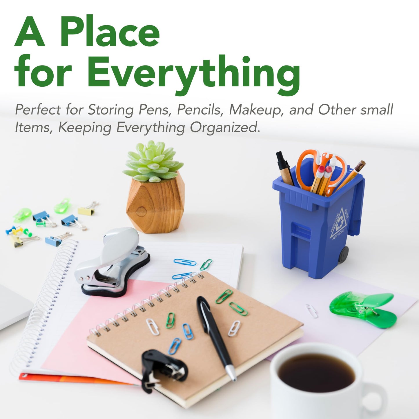 Wiosi Mini Garbage Trash Pen Holder for Desk, Pack of 2, Blue & Green, Tiny Recycle Bin Pencil Holder | Storage for Pencils & Pens | Office Stationery to Organize the Desk | Ideal for Student Work