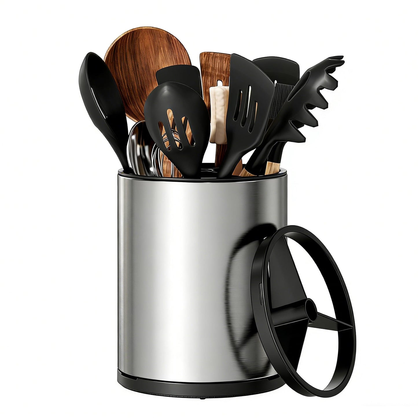 TODAYGO Utensil Holder For Kitchen Counter, Large 360°Rotating Stainless Steel Utensil Crock with 3 Compartment, Drainage Non-Slip