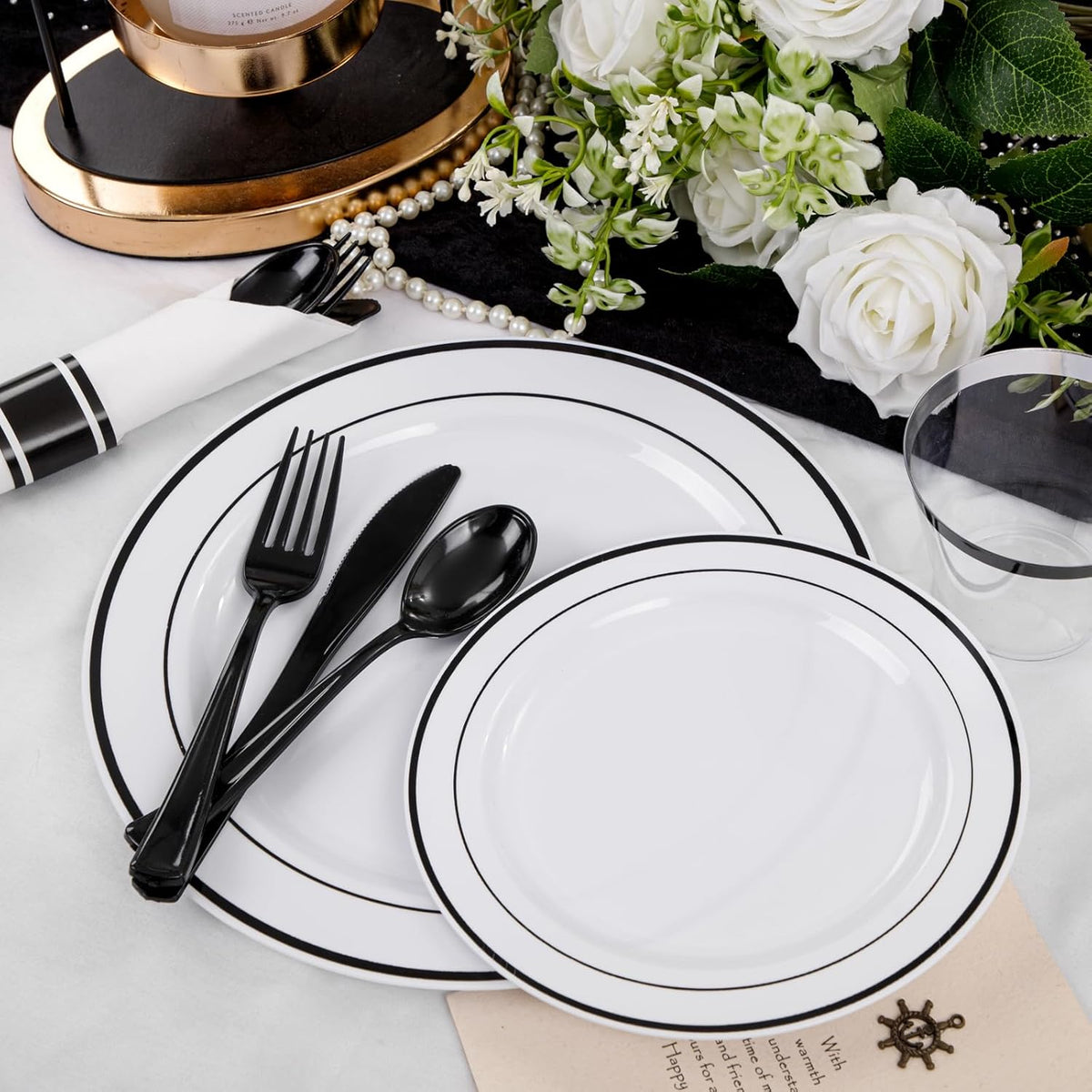 WELLIFE 210Pcs Black Plastic Dinnerware with Pre Rolled Napkins, Include:30 Dinner Plates, 30 Dessert Plates, 30 Paper Napkins, 30 Cups, 90 Plastic Cutlery