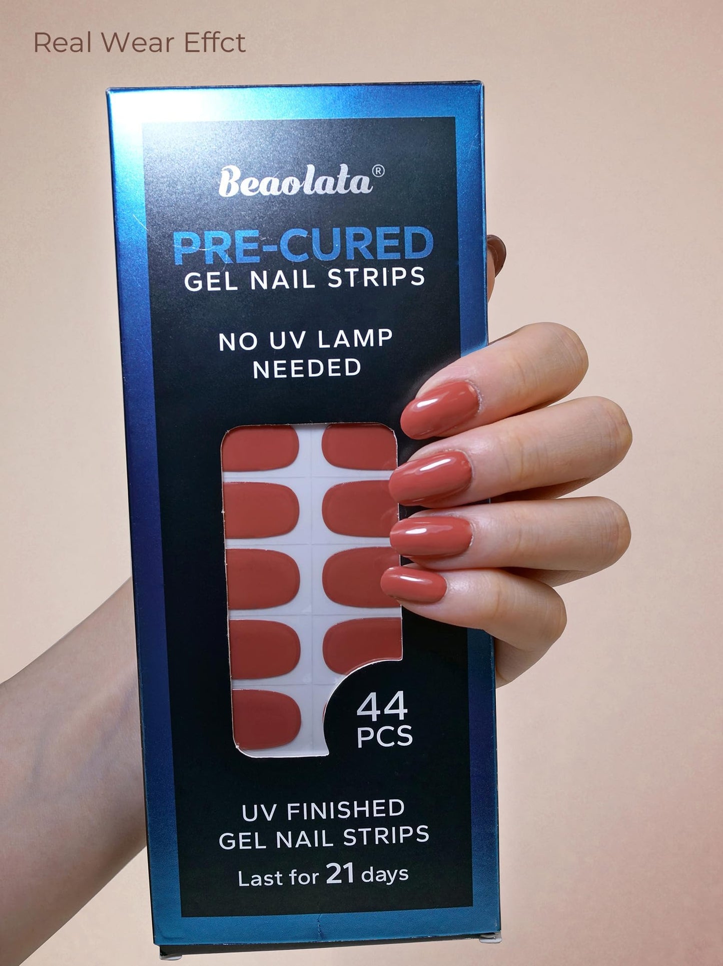 Beaolata Real Gel Nail Strips (No UV Light Needed) - 44Pcs Salon Quality Nail Stickers - Long Lasting Polish Wraps for Women, Easy Apply & Remove (Oxblood Brown）