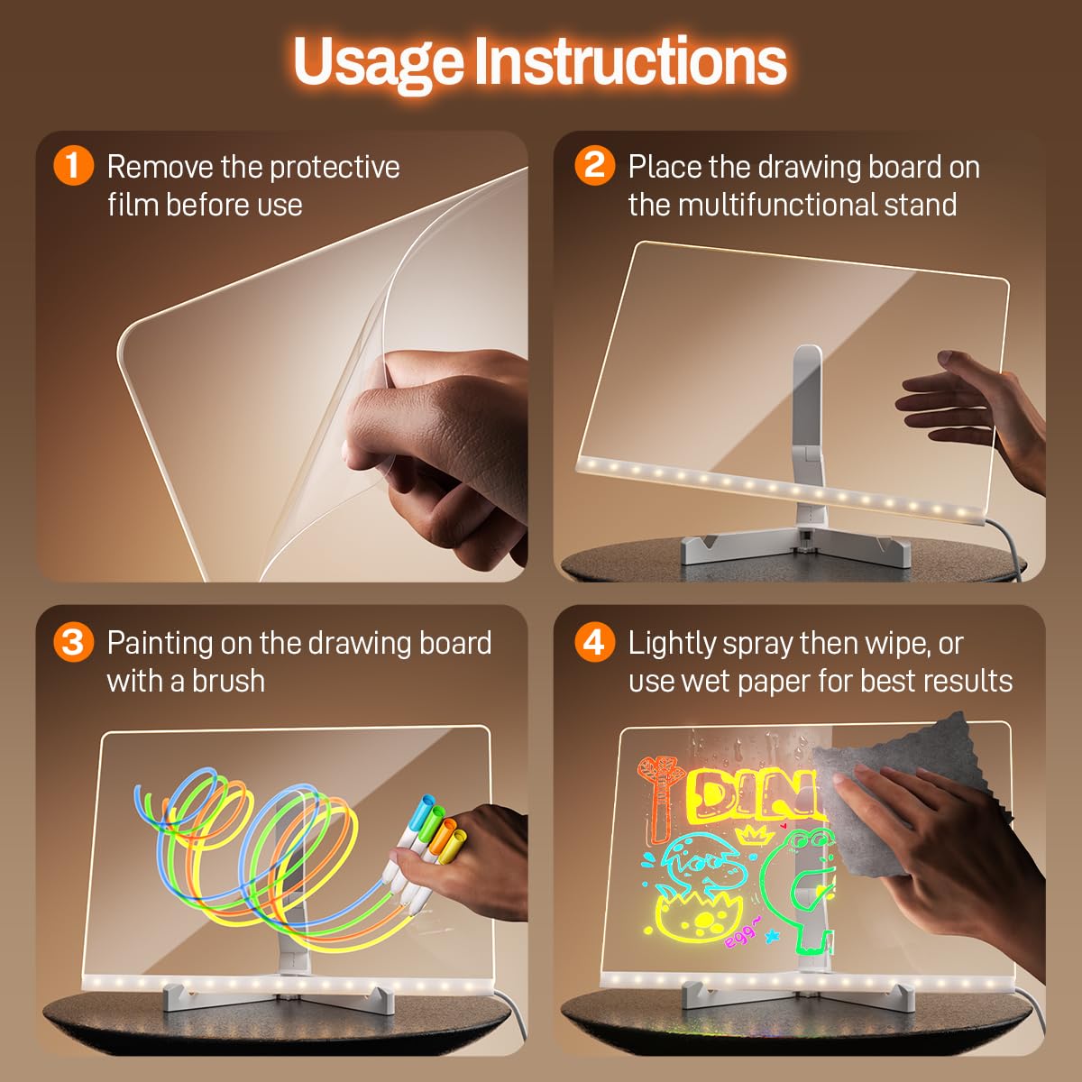 Conatu Acrylic LED Drawing Board for Kids, Acrylic Dry Erase Light-Up Drawing Board with Stand, Markers & Wipes, Erasable Reusable Board for Kids Learning, Ideal Gift for Birthday
