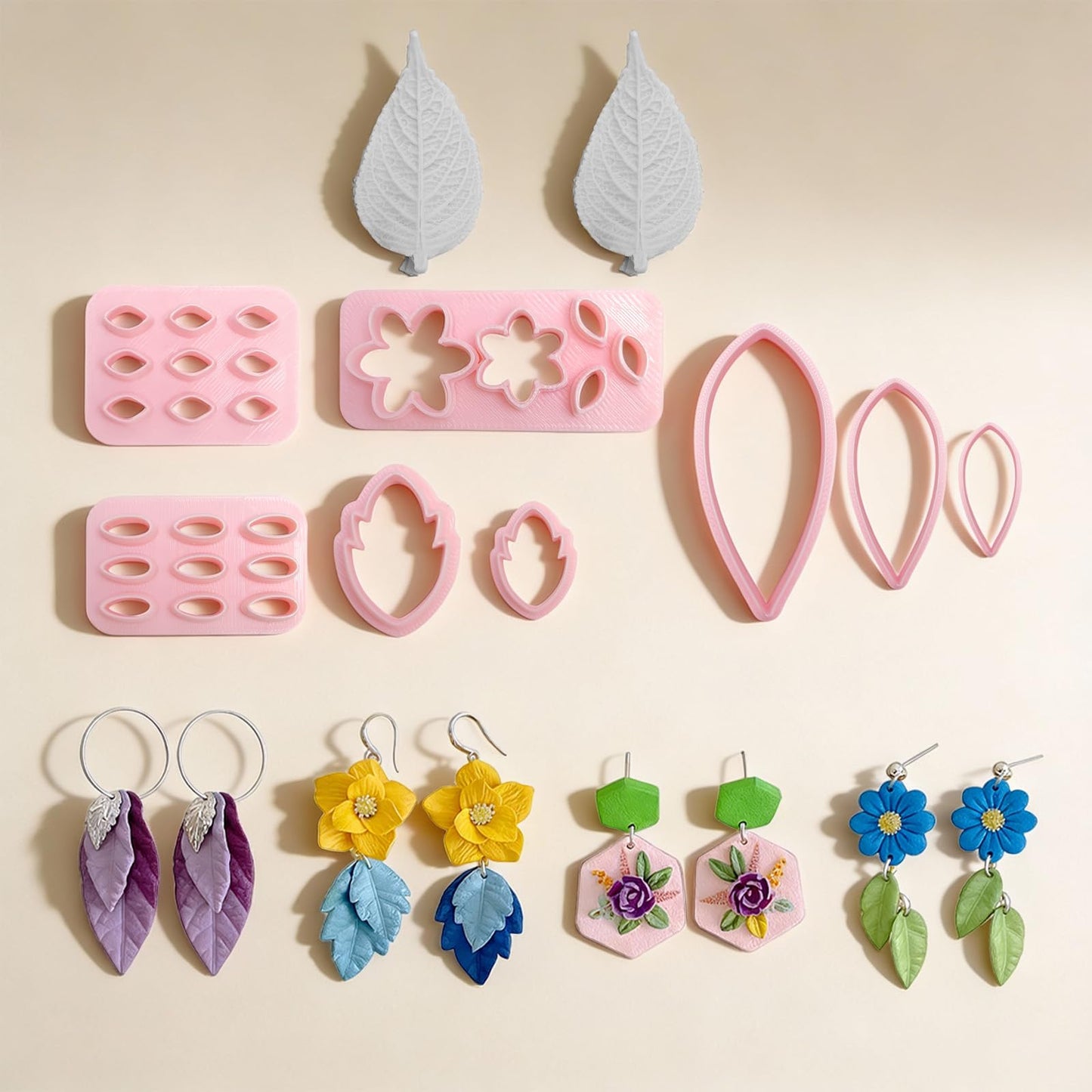 8 Pcs Clay Cutters Molds for Polymer Clay Jewelry, Press Mold and Cutter Set for Earrings, Floral Leaf Geometric Shapes with Mini Flower Press Tools for Crafts