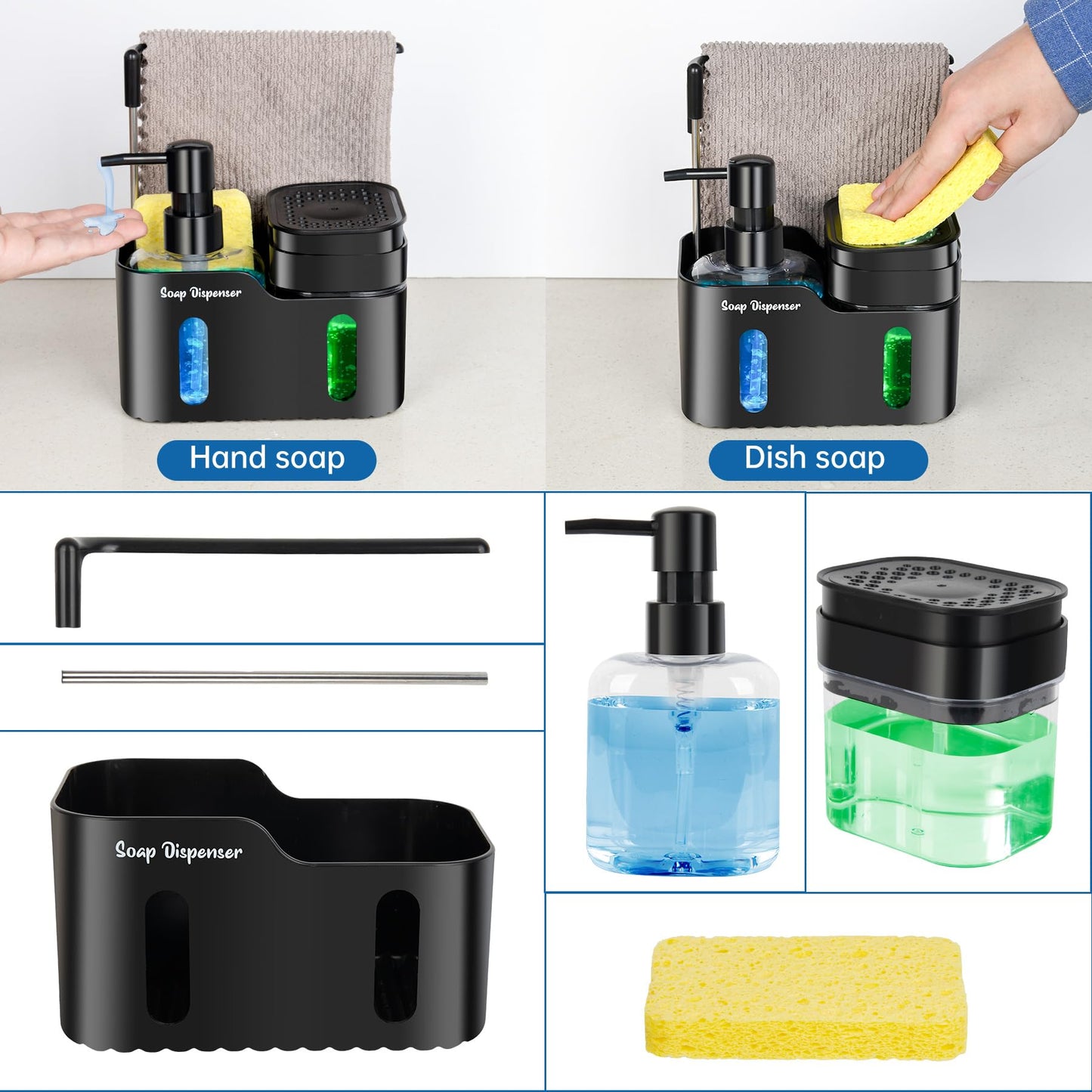 Hand Soap and Dish Soap Dispenser Set for Kitchen, Dual Soap Dispenser with Sponge Holder and Dishcloth Holder 4-in-1 Organizer for Kitchen Sink Countertop, Useful Kitchen Gadgets (Black)