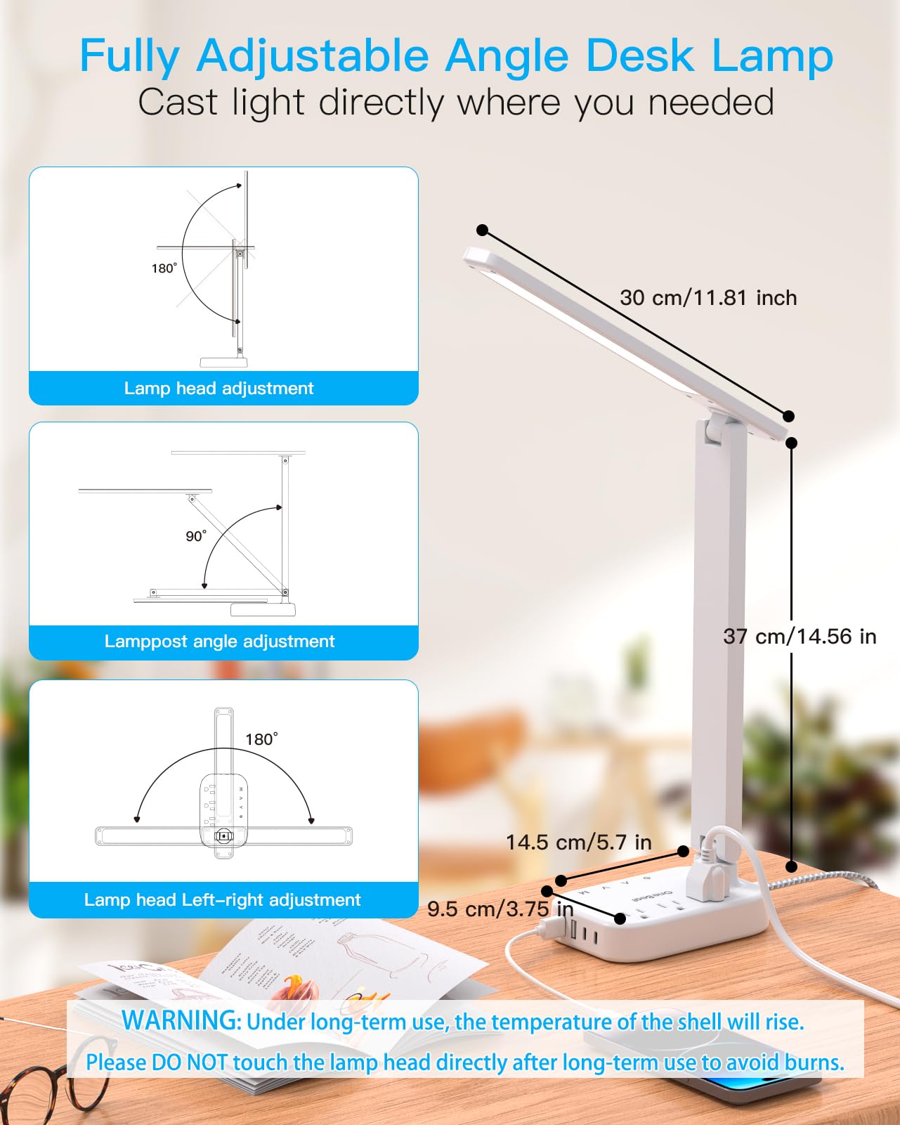 One Beat Small LED Desk Lamp Power Strip 5ft Extension Cord with 3 Outlets 4 USB Ports(2 USB C), 4 Modes, 5 Level Touch Lamp Study Reading Light, Home Office Bedroom College Dorm Room Essentials,White