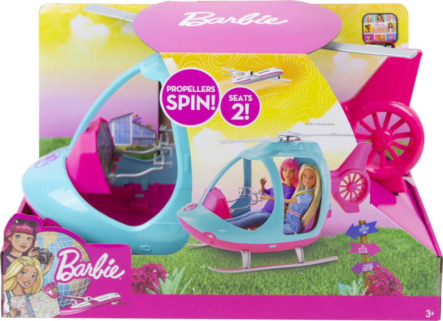 Barbie Helicopter with Spinning Rotors, Pink and Blue 2-Seater Design with Seatbelts and Pilot "Controls"