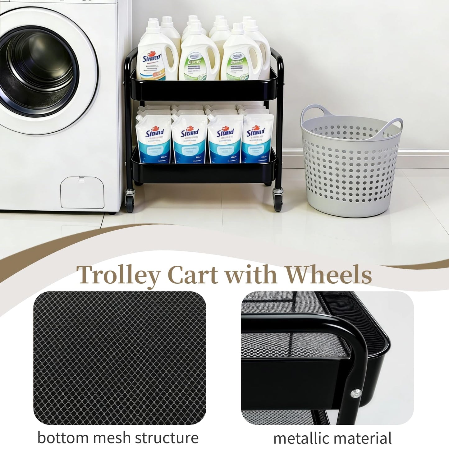 LIWNYRK 2 Tier Rolling Cart with Wheels for Under Desk Storage & Pantry Room, Large Capacity Laundry Room & Makeup Organizer, Sturdy Kitchen Utility Cart for Small Space with 4 Hooks, Black