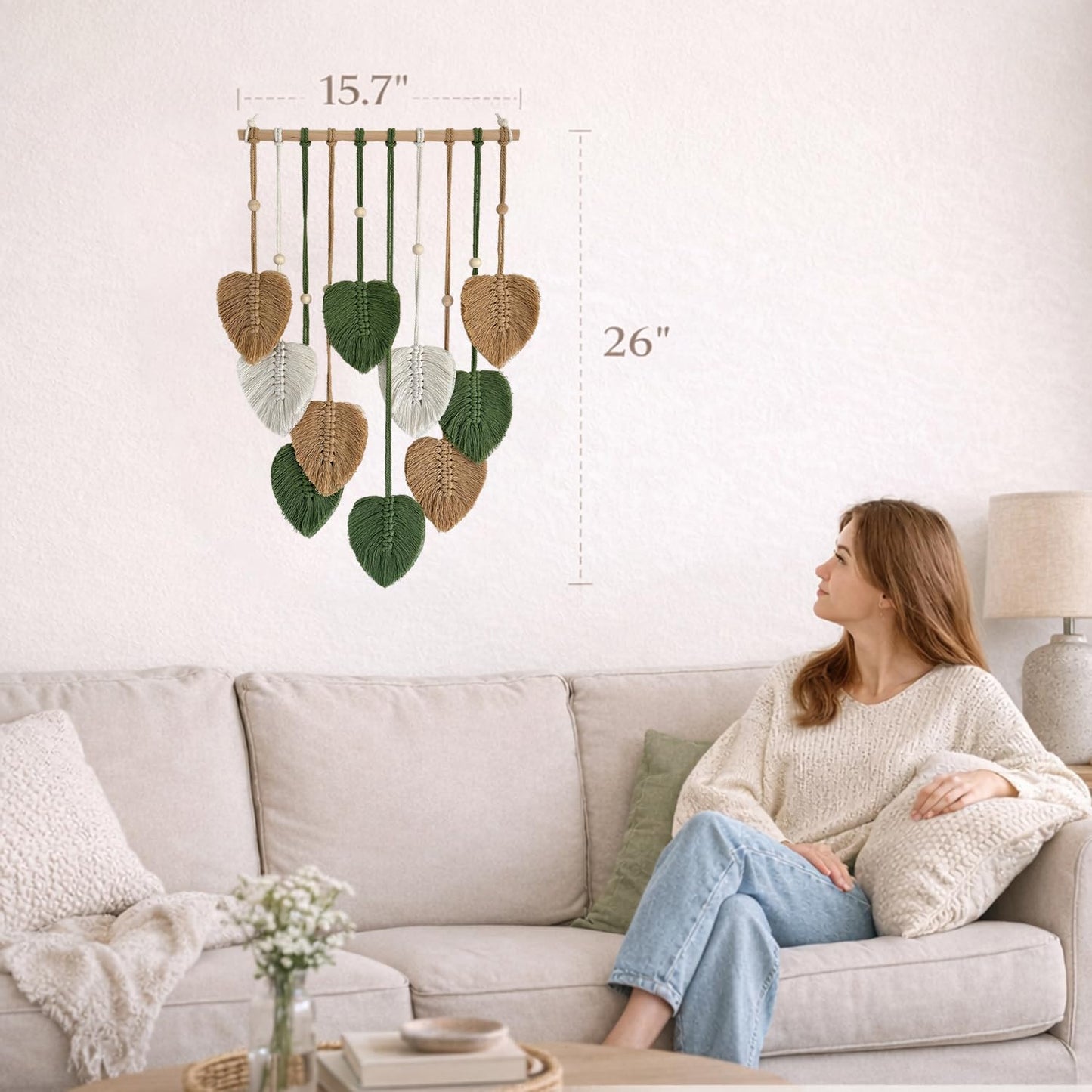 TUDRUKU 15.7x36 Inch Macrame Wall Hanging Nursery Decor Leaves Woven Tapestry Feather Handmade Yarn Tassels Boho Wall Decor for Bedroom Living Room Apartment Home Backdrop (Green)