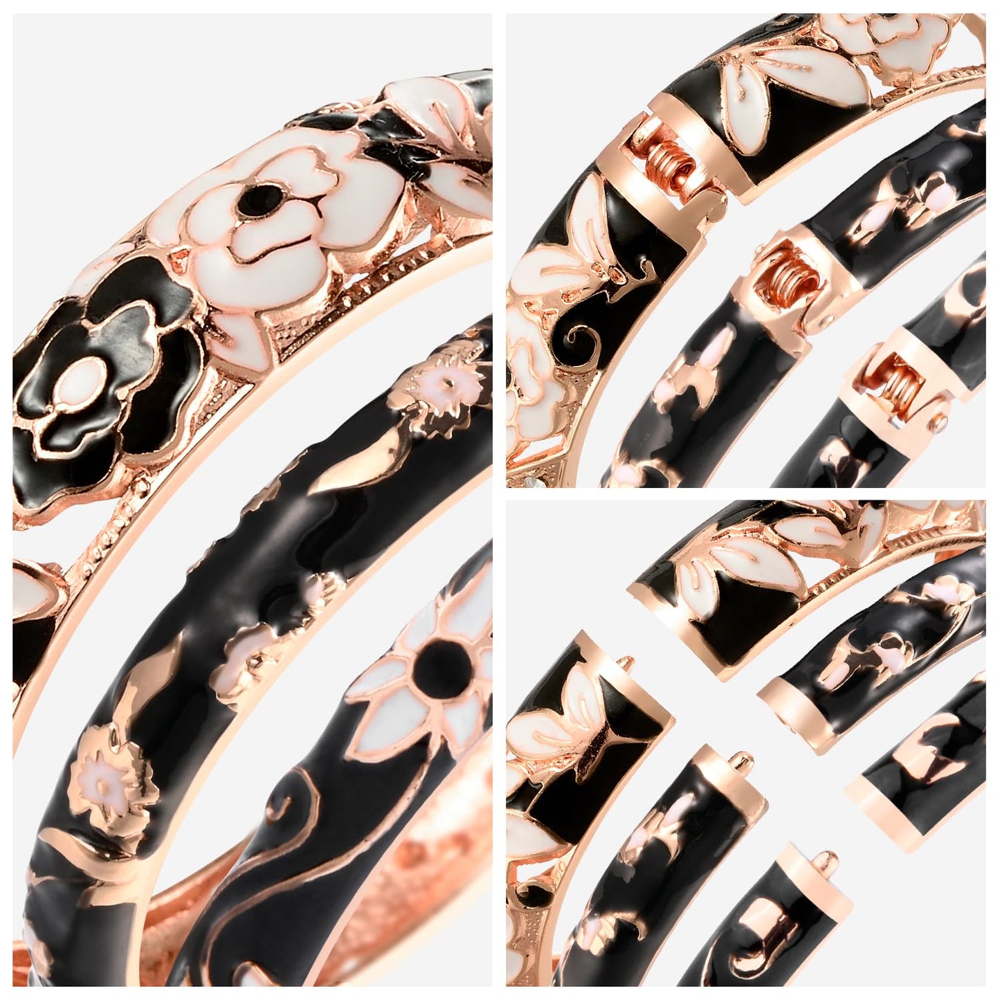 UJOY Womens Multi-Colors Cloisonne Bracelet Gold Plated Flower Hollowed Enameled Hinged Cuff Bangles Jewelry Gift 88C06-3PCS Black