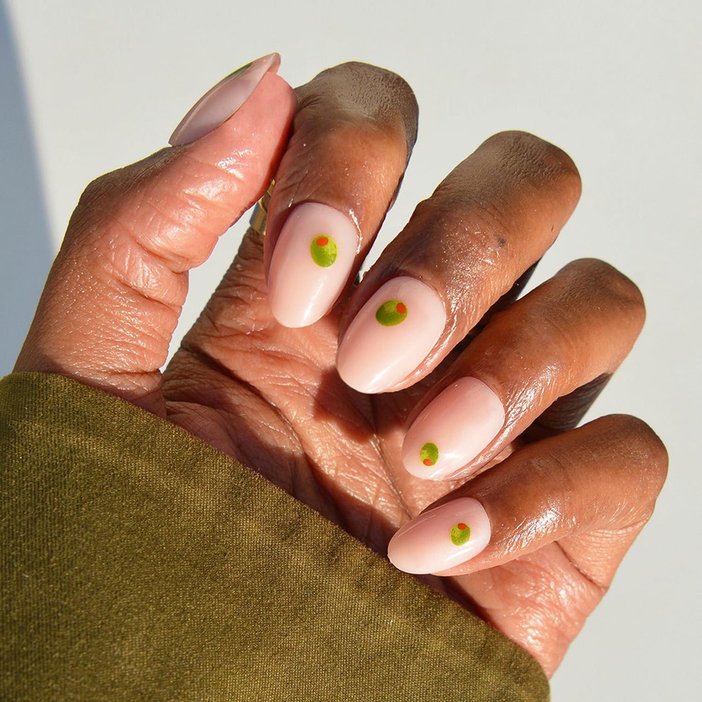 Glamnetic Press On Nails - Short Oval Fake Nails, Glossy Sheer Nails with Olive Graphics, Tipsy Olive | 15 Sizes - 30 Nail Kit with Glue | Gift for Mom