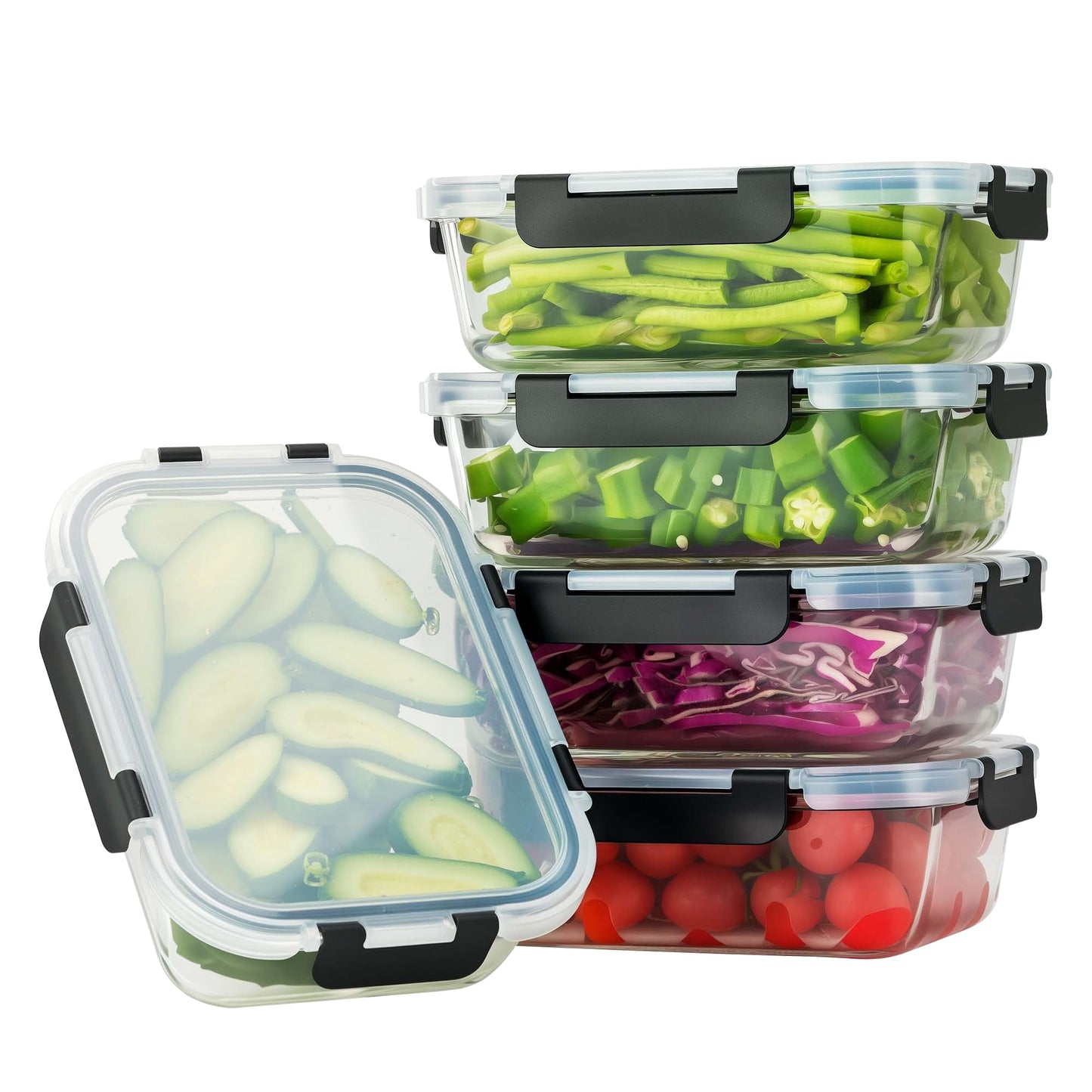 WWYH.DSS 5-Piece Set, 36 oz Glass Meal Prep Containers with Snap-Lock Lids, Airtight Lunch Containers, Microwave, Oven, Refrigerator & Dishwasher Safe,Black