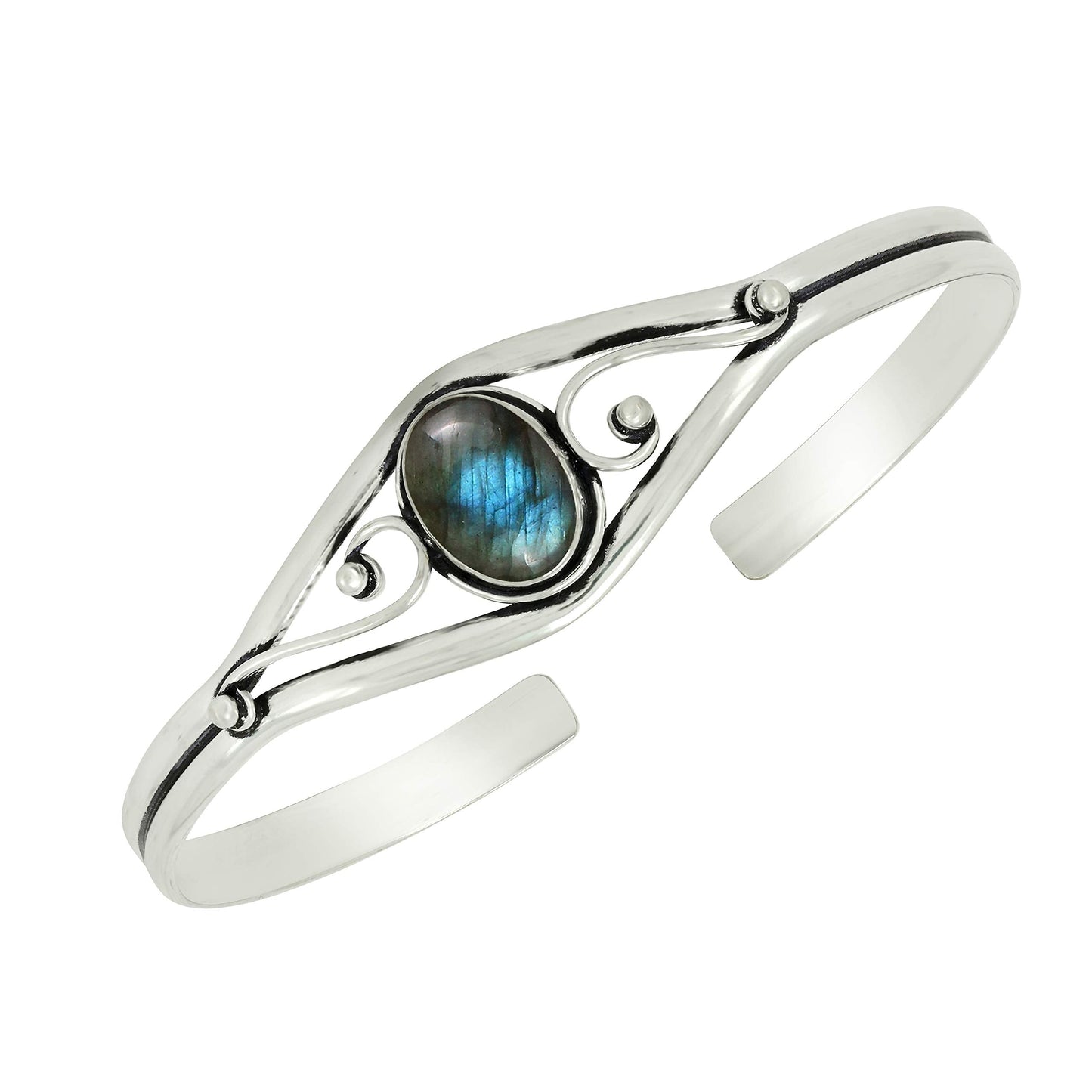 925 Silver Plated Natural Labradorite Cuff Bangle Bracelet for Women – Handmade Open Bangle – Green Blue Fire Gemstone Statement Jewelry – Gift for Her