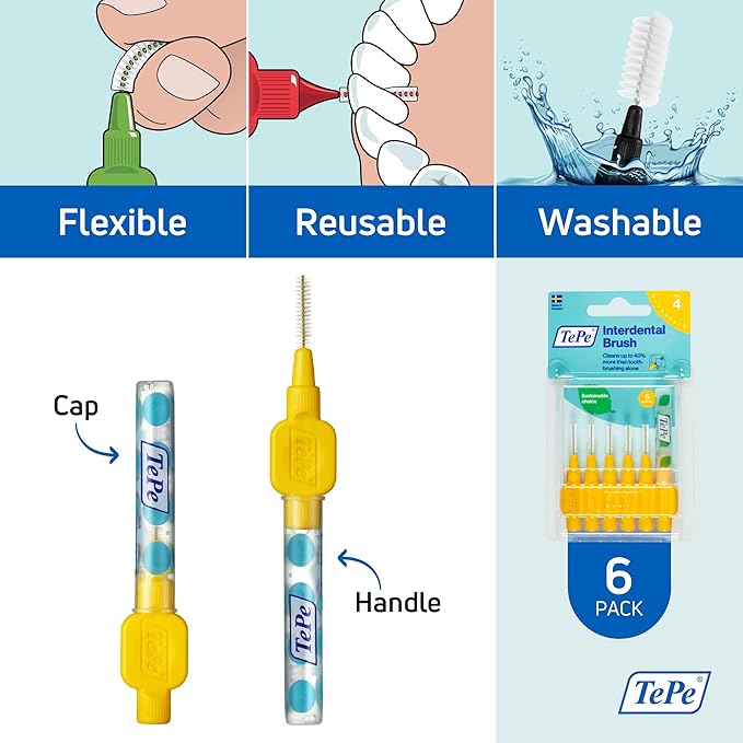 TePe Interdental Brush Original, Soft Dental Brush for Teeth Cleaning, Pack of 6, 0.7 mm, Medium Gaps, Yellow, Size 4