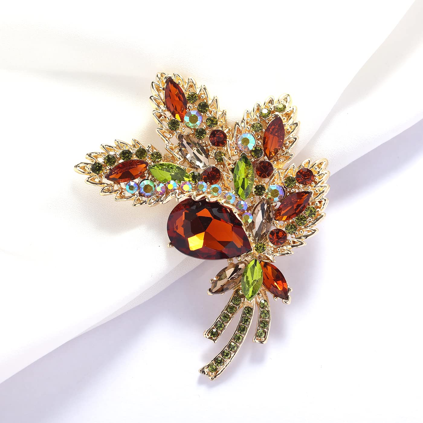 YOQUCOL Brown Austrian Crystal Leaf Shape Bouquet Big Large Brooch Pin Rhinestone Scarf Decoration Wreath Cloth Pin For Women