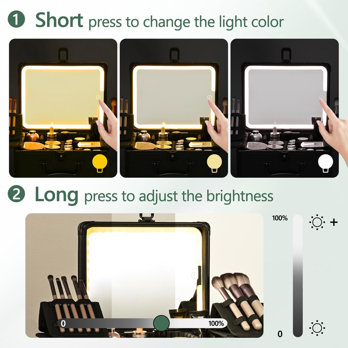 GALHUBIS Makeup Case with Lighted Mirror, Makeup Box Organizer with Detachable LED Mirror, Travel Makeup Train Case, Waterproof Cosmetic Organizer, Standing Makeup Brush Holder, Gift, Black Green