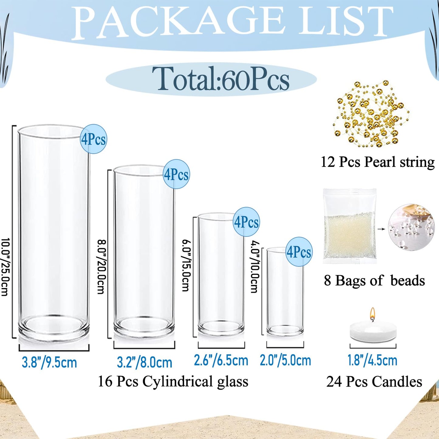 UDU 16 Set Glass Cylinder Vases for Centerpieces with 80000 Clear Beads 24 White Floating Candles 12 Pearl String Center Pieces Decoration for Table Table Wedding Party Home