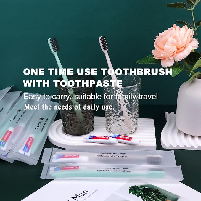 Disposable Toothbrushes with Toothpaste,60 Pack Individually Wrapped Disposable Travel Toothbrushes Kit in Bulk for Homeless,Nursing Home,Hotel,Charity (Apricot+Green)