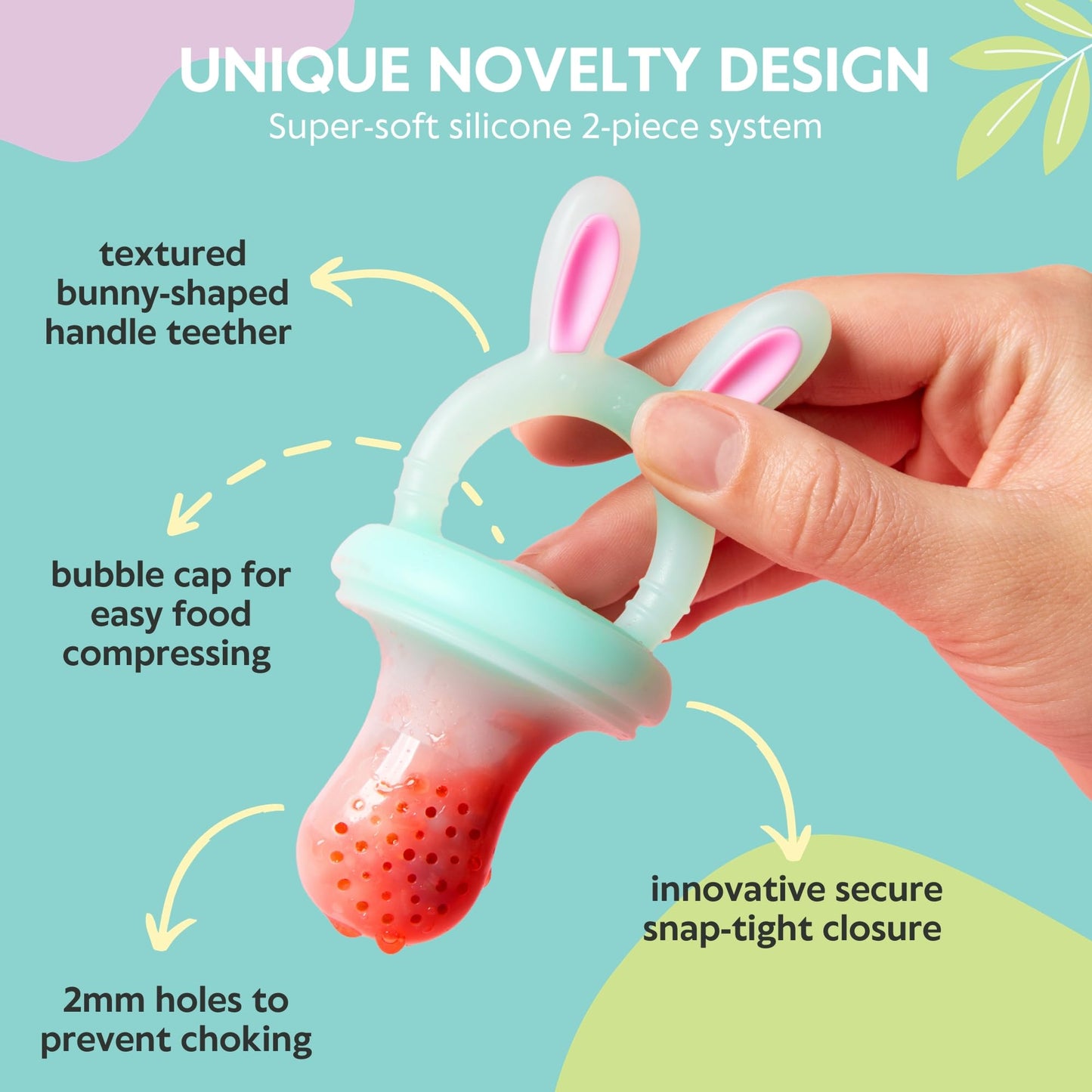 Vesta Baby Fresh + Frozen Food Feeder - 2 Sizes Soft Silicone Push Pop Fruit Nibbler for Safe Infant Self Feeding - Solid Foods Weaning & Teether Set - Bunny Teething Relief Toy for Babies 4M+