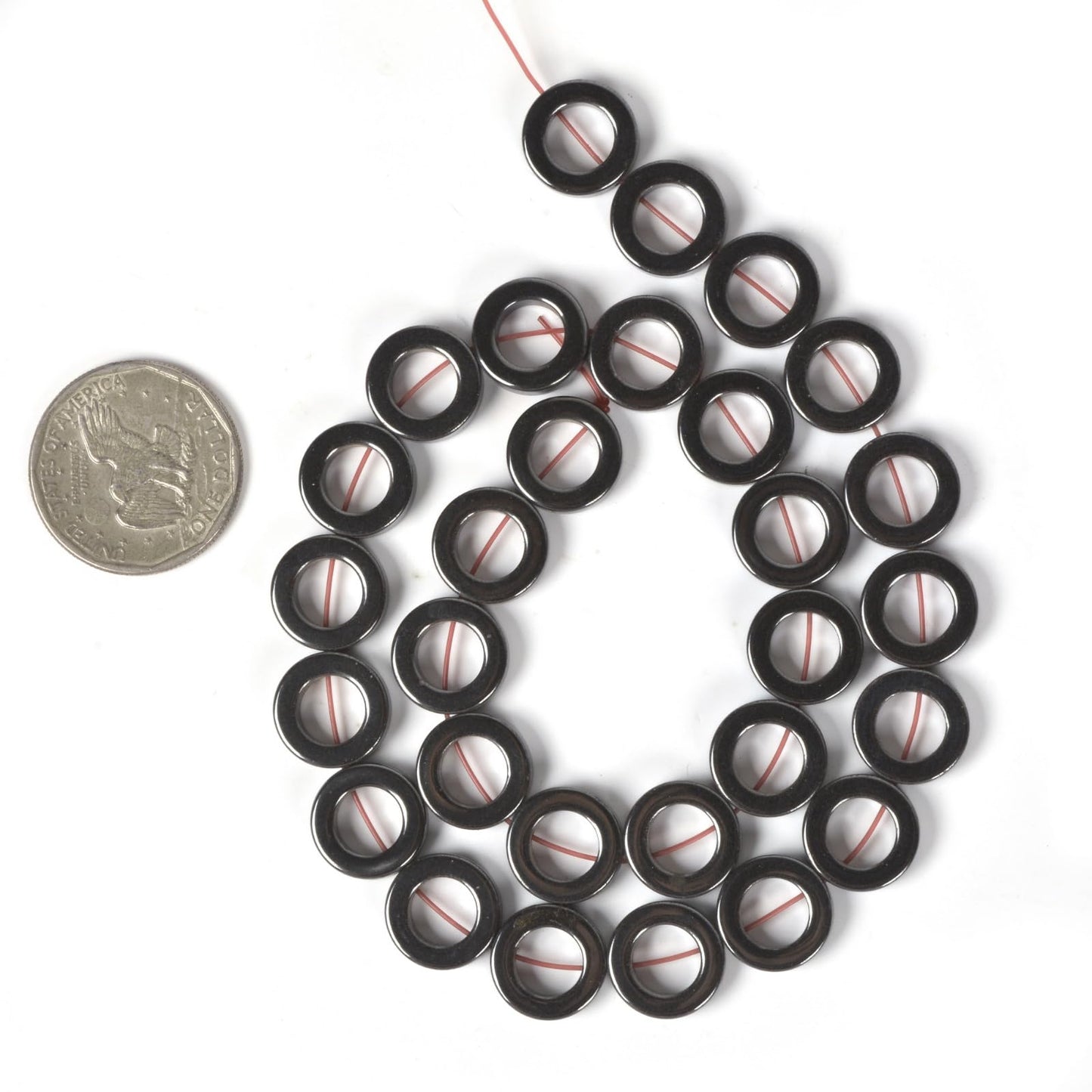 Natural 14mm Hematite Hollow Circle Flat Round Ring Shape Donut Beads Strand 16 Inch for Jewelry Making