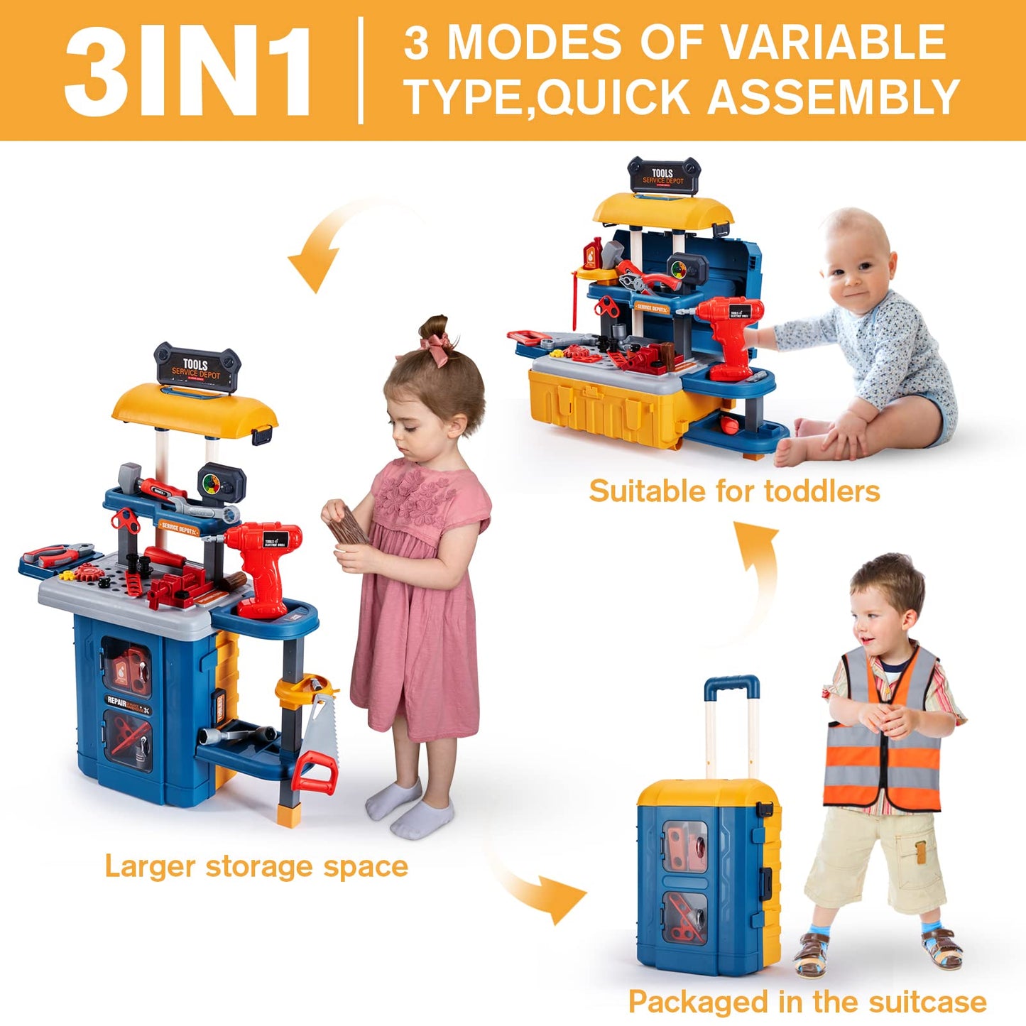 Kids Tool Bench with Kids Tool Set, Three Modes Toddler Tool Bench with Electric Drill Set, Pretend Construction Toys Kid Workbench, Toddler Workbench Tool Bench for Kid Ages 3-5 6-8