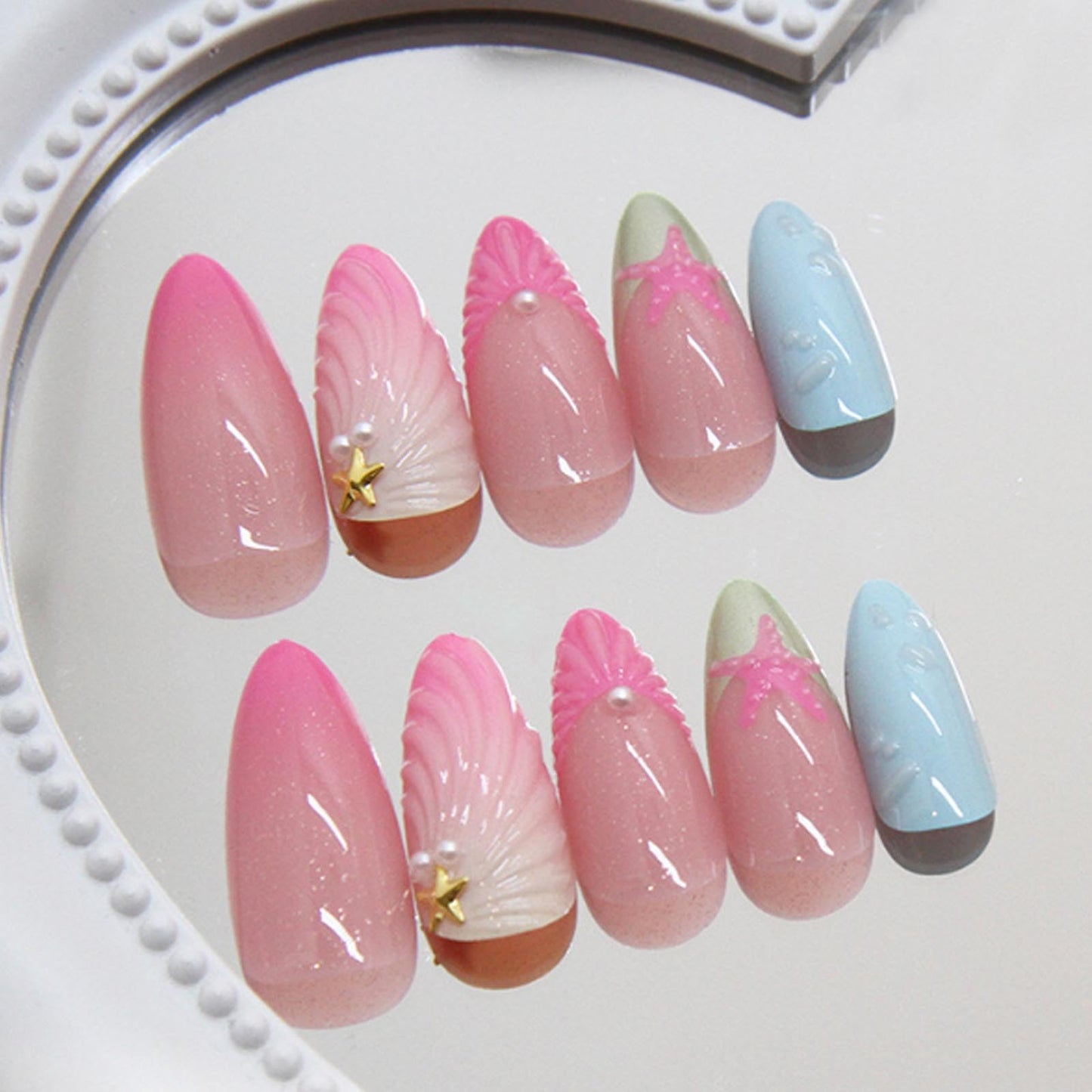 Hkanlre Almond Fake Nude Nails Tips Full Cover False Medium Nails Summer Flower Press on Nails for Women 24PCS