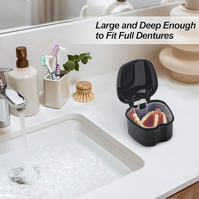 Denture Bath Case Retainer Cleaner Case with Strainer Basket, Denture Cup Dental Retainer Holder Case for Soaking Mouthguard Cleaning Storage Box Case - Black and White
