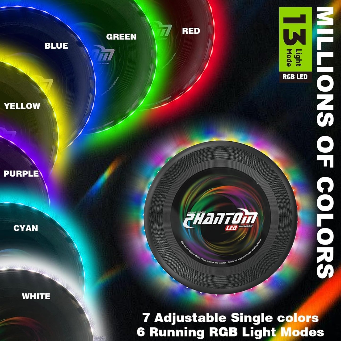 StyleBoon Flying Disc with Million Colors, 10.6 Inch 13Lighting Modes 41 Bright Waterproof Flying Ring,Camping for Kids Teens Adults Boys Girs, Perfect forAges 6+, Gift for Kids, Black