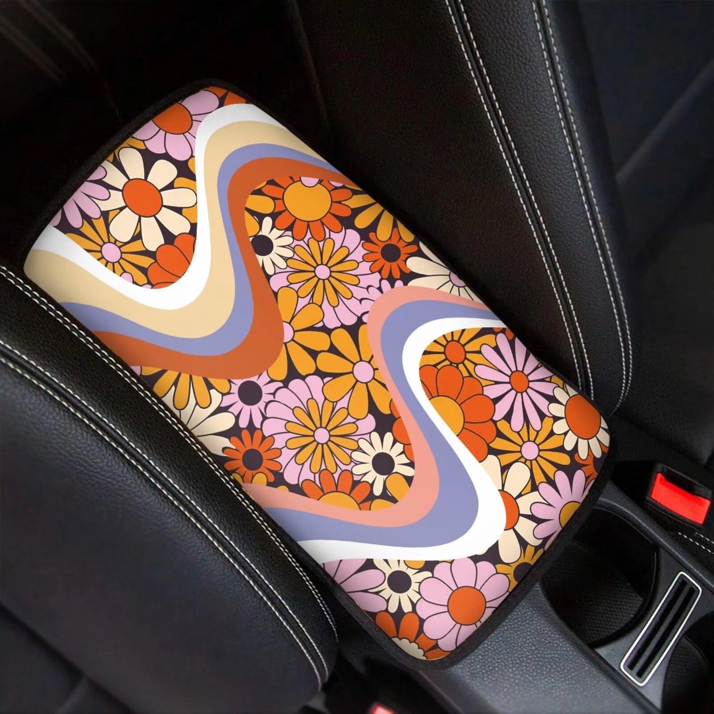 Dreaweet Hippie Flower Car Center Console Cushion Pad,Universal Armrest Seat Box Cover Protector,Comfortable Car Decor Accessories Fit for Most Cars,Trucks,SUV