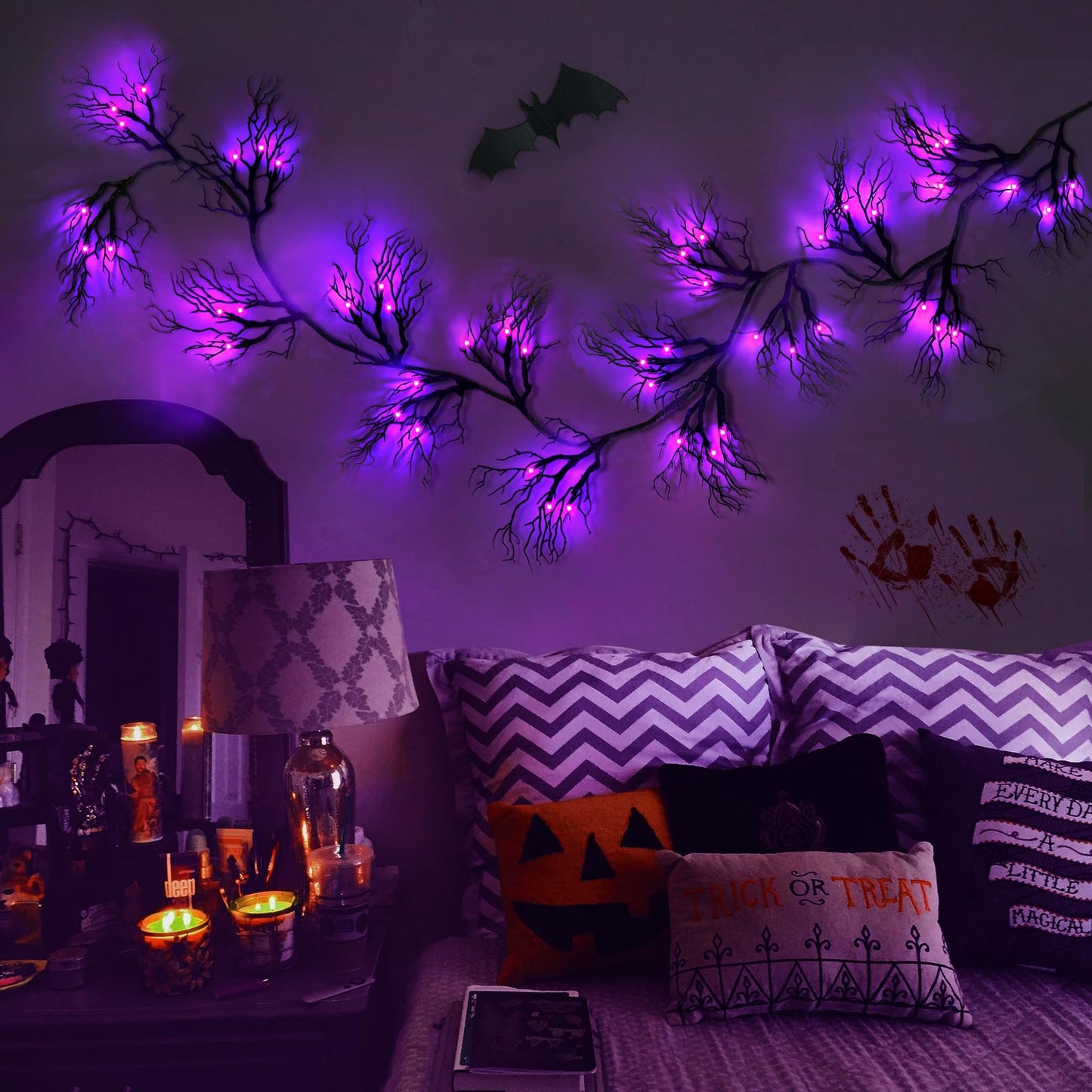 [ 8 Modes & Timer ] 9 Ft 66 LED Halloween Willow Vine Twig Decor Garland Decorations with Purple Lights, Halloween Garland with Battery Operated Waterproof for Home Wall Fireplace Mantle Decorations