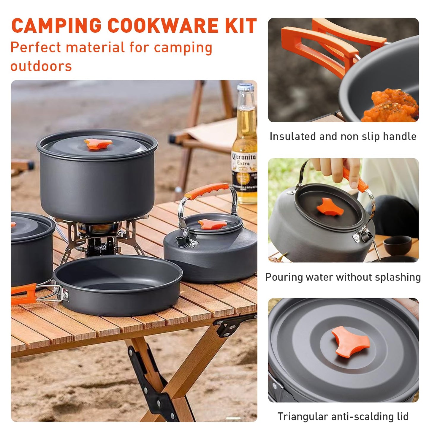 Camping Cookware Camping Cooking Set, Non-Stick Hard-Anodized Aluminum Pot & Pan with Kettle, 2 Forks Knives Spoons, 2 Plates & Folding Cups, Compact Backpacking Cookware for 2-3 People, Camping Gift
