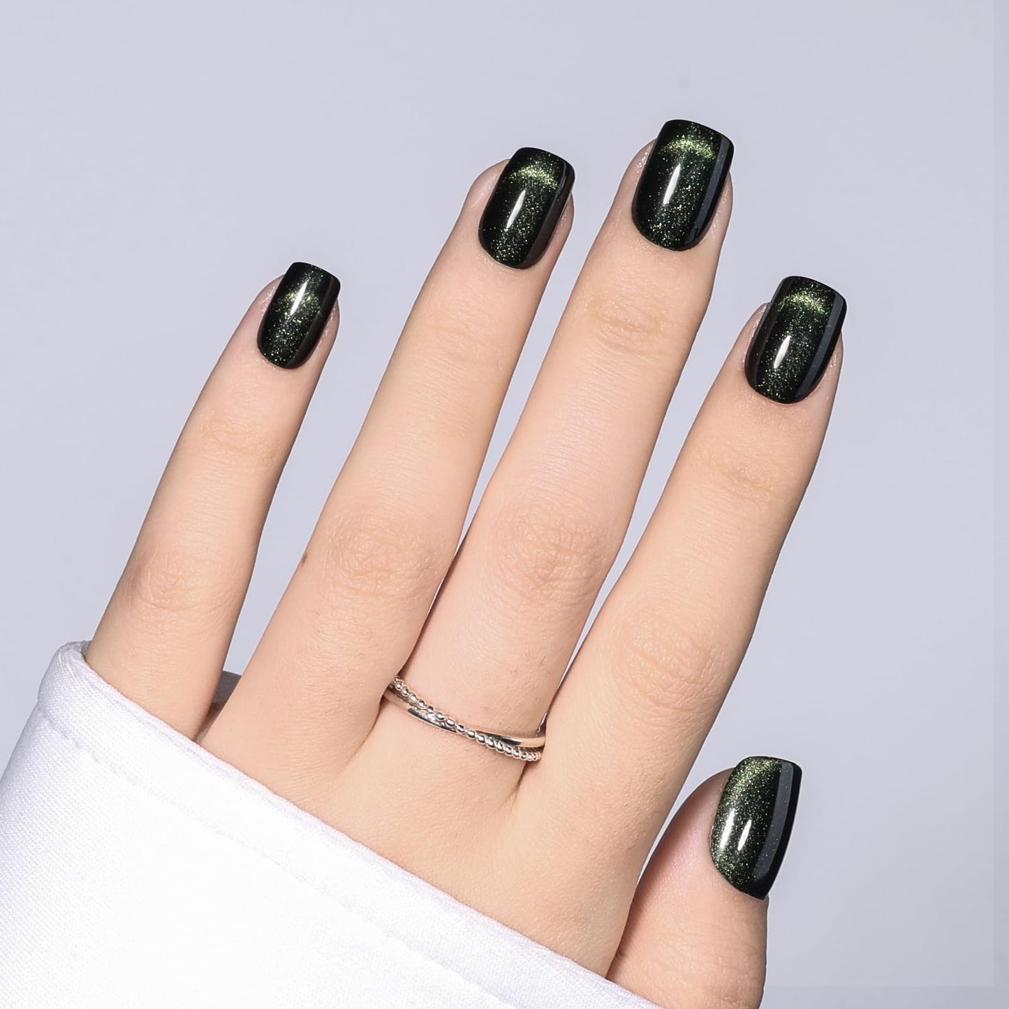 Green Cat Eye Press On Nails - Short Square Magnetic Cat Eye Press On Nails, Reusable Fake Nails Kit with Nail Glue, 30PCS 15 Sizes