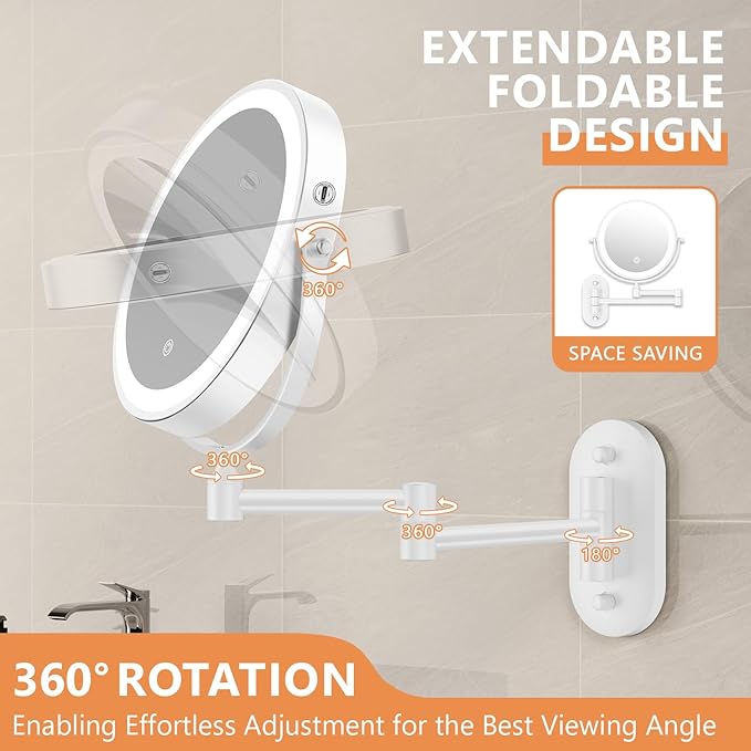 1X/20X Wall Mounted Makeup Mirror with Light, 8" Rechargeable Double-Sided Magnifying Mirror, Vanity Mirror Dimmable 3 Color Light, 360° Extension Rotation Foldable 14.5 Inch Arm for Bathroom