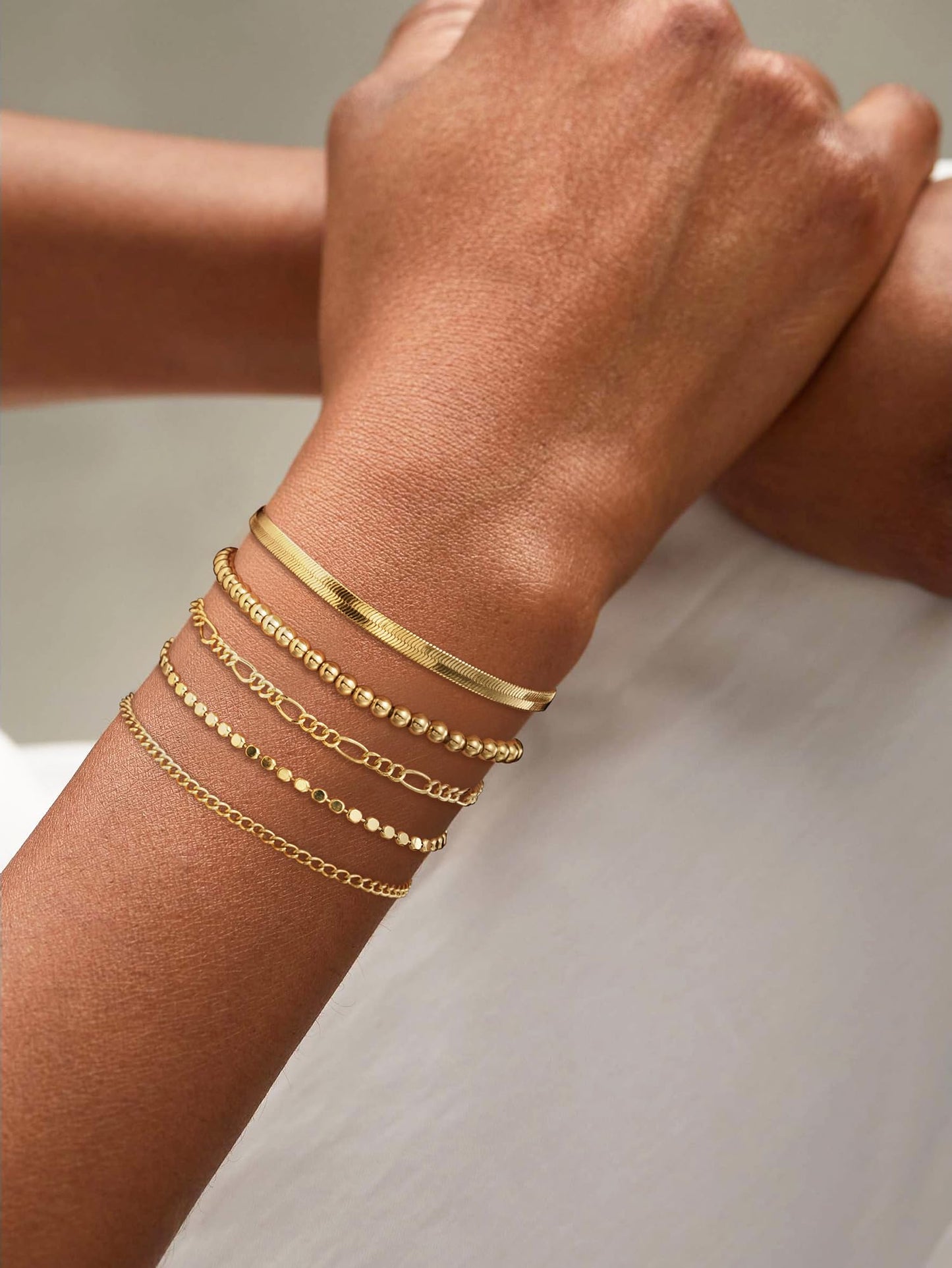 DEARMAY Dainty 14K Gold Plated Chain Bracelets for Womens Trendy Waterproof Gold Jewelry Set Fashion Stackable Beaded Figaro Herringbone Link Bracelet Pack Stack Gifts