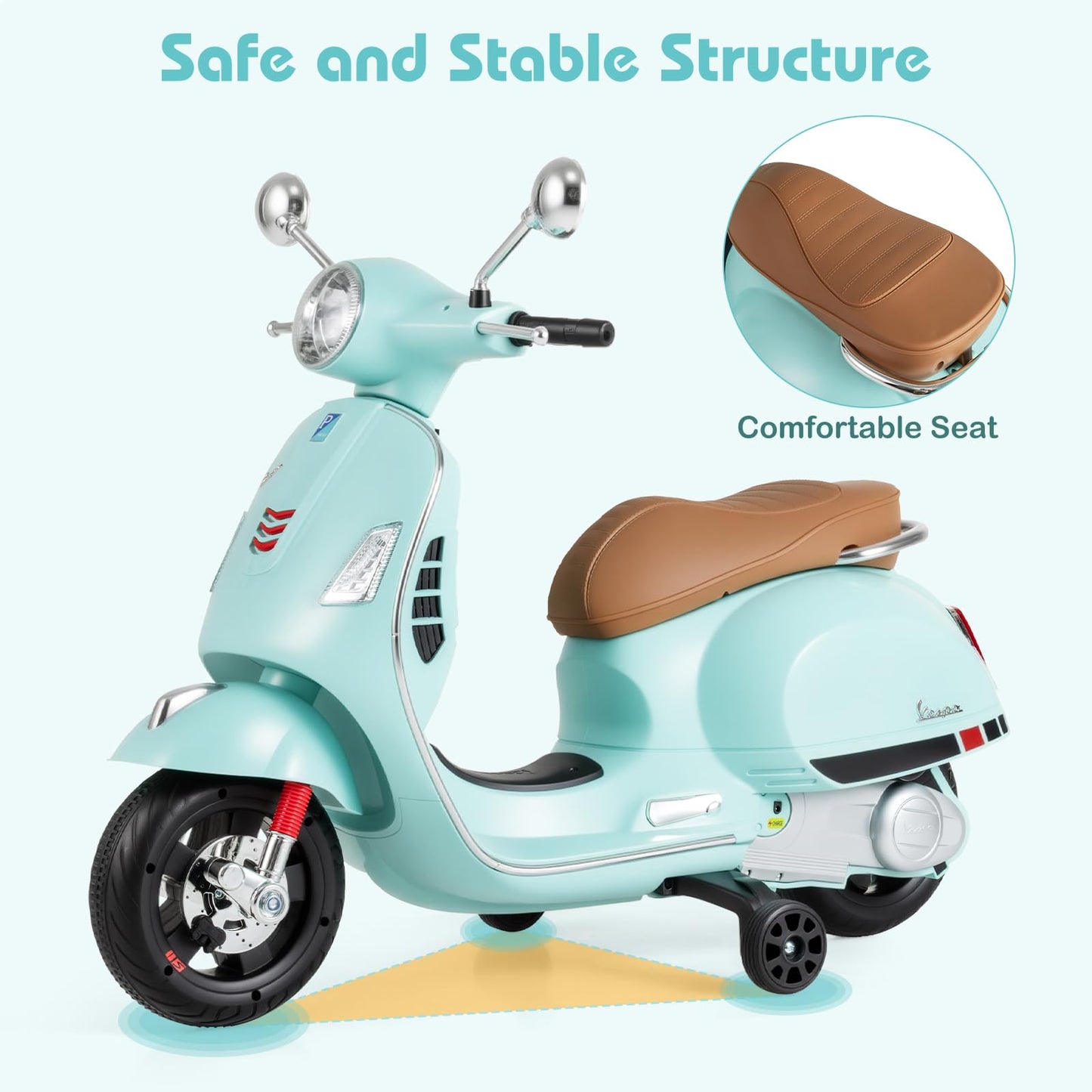 Licensed Vespa Scooter Kids Motorcycle by OLAKIDS, 12V Ride on Electric Motorcycle with Training Wheels LED Lights Music Story Mode Horn (Green)